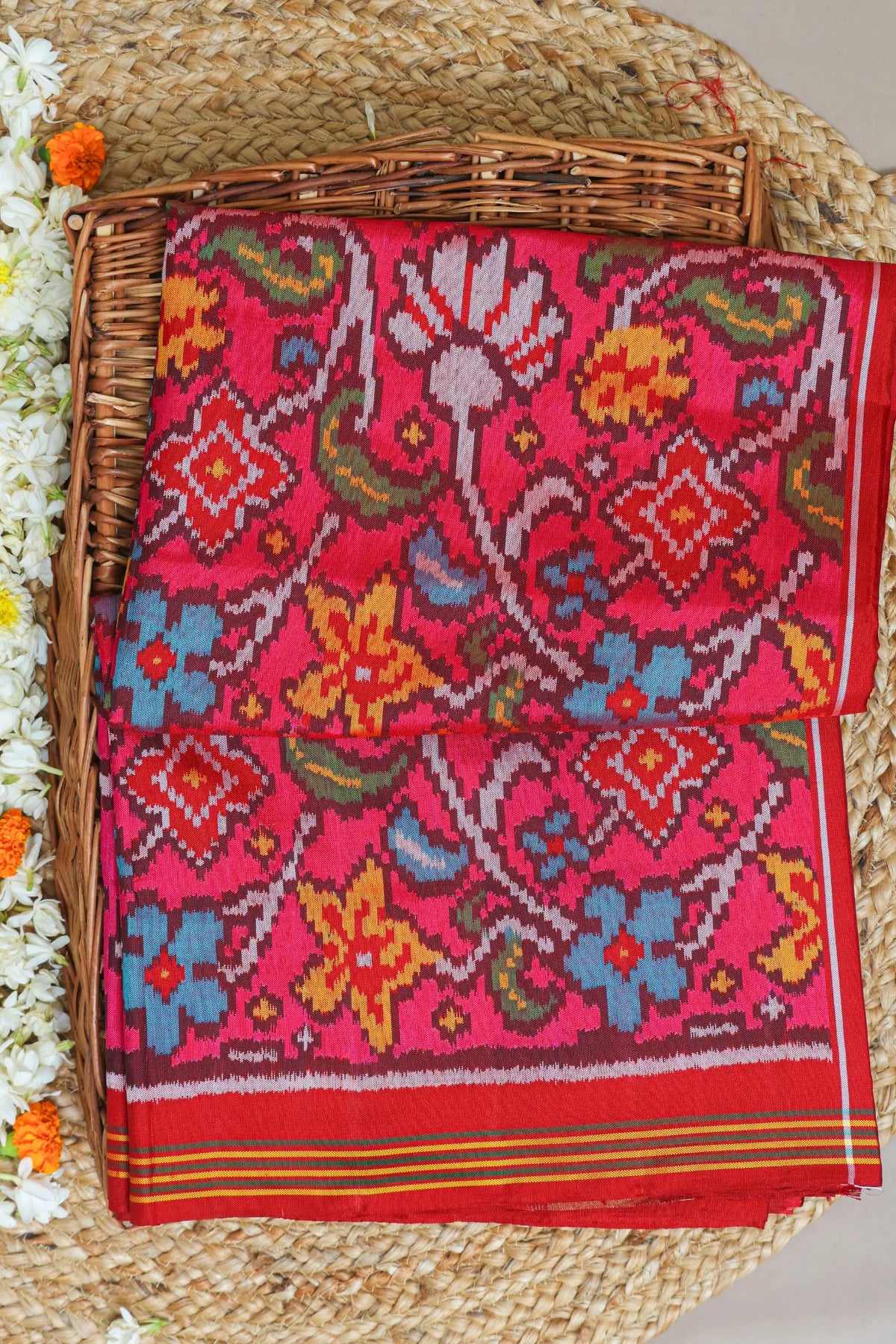 Master Piece Flowers With Leaves Design & Small Lines Border Semi Double Ikat Patola Saree