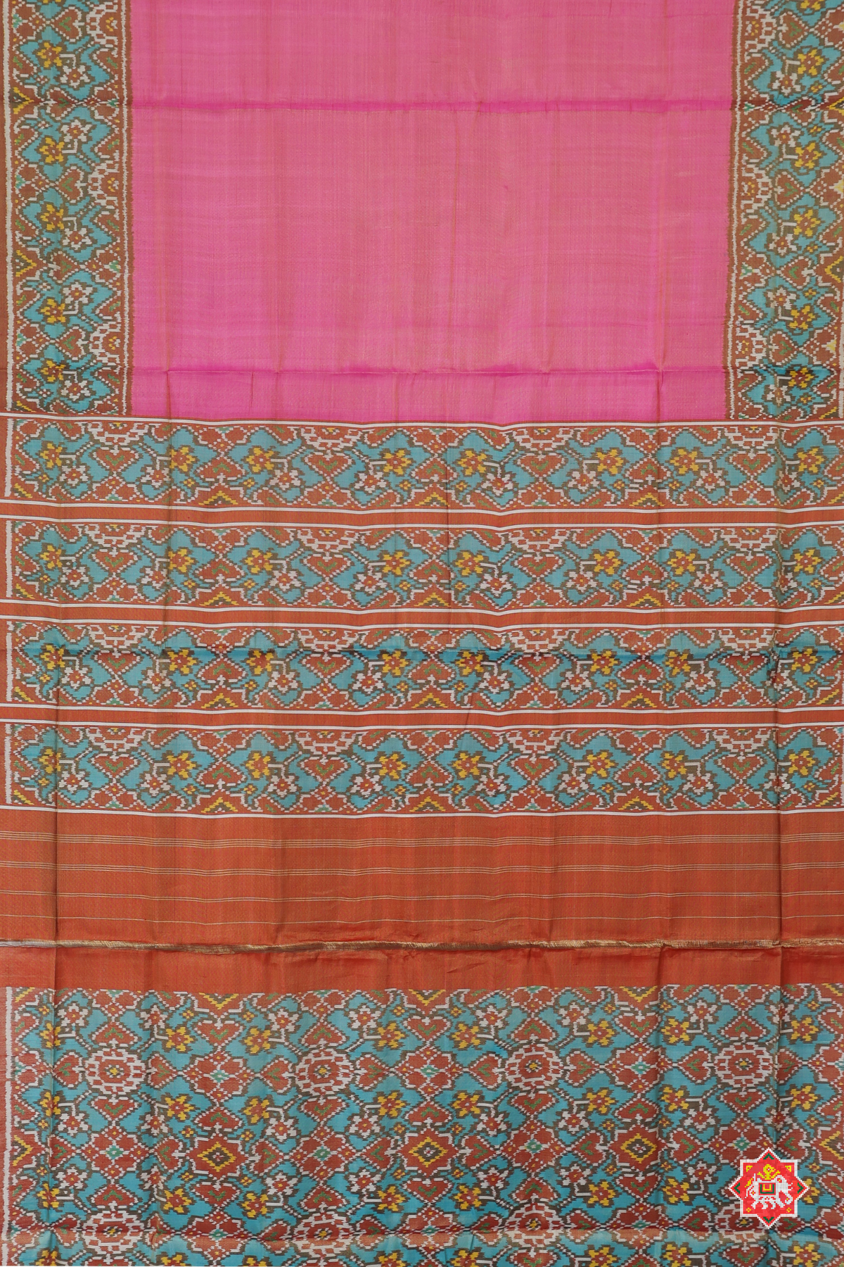 Plain pink with c-green navratna manek chowk border tissue patola saree