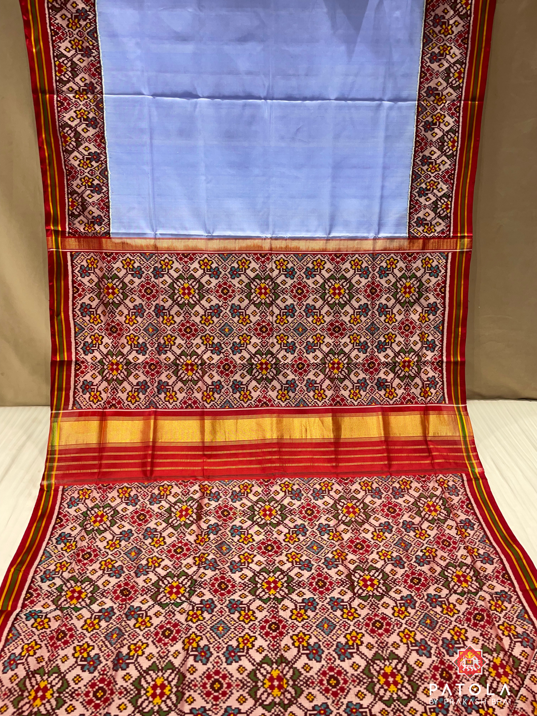 Plain Sky Blue Design With Patola Design Blouse Semi Double Ikat Patola Saree