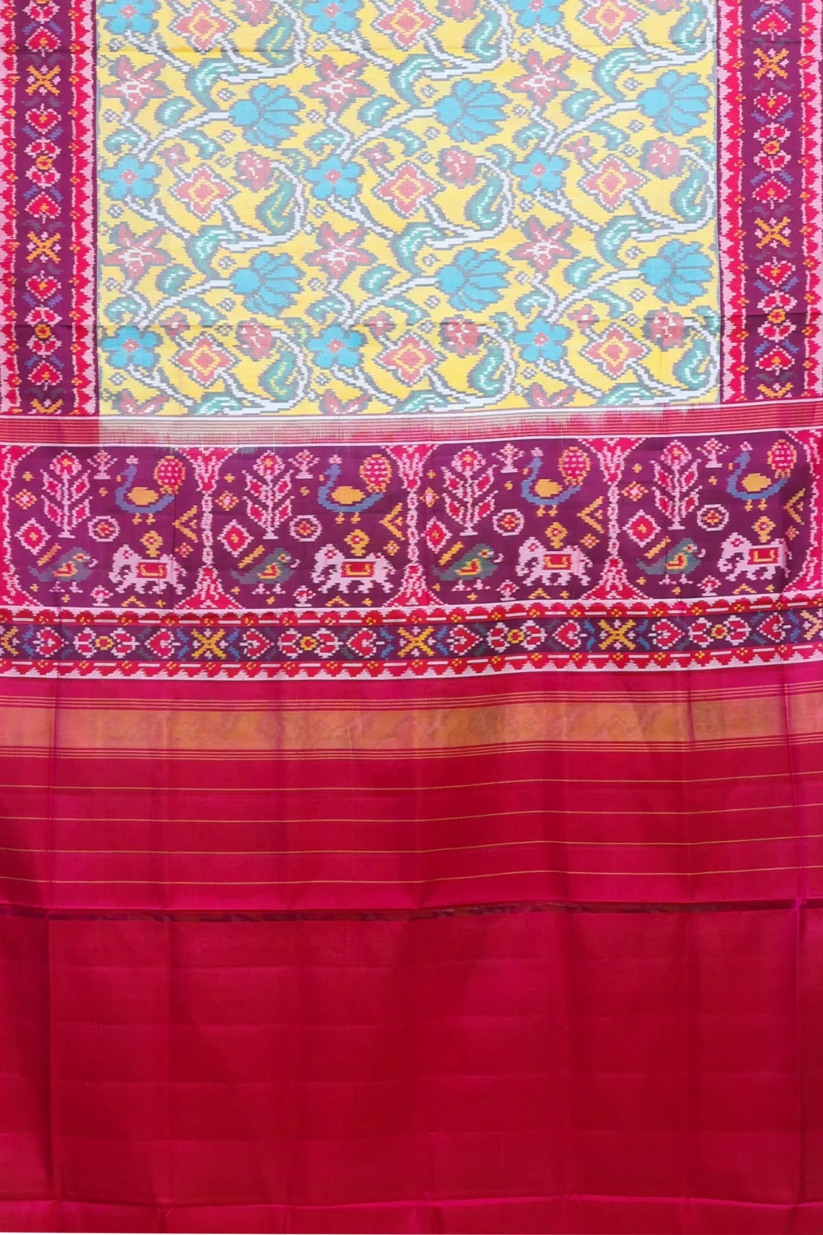 Rangoli design with pallu border contras semi double ikat patola saree