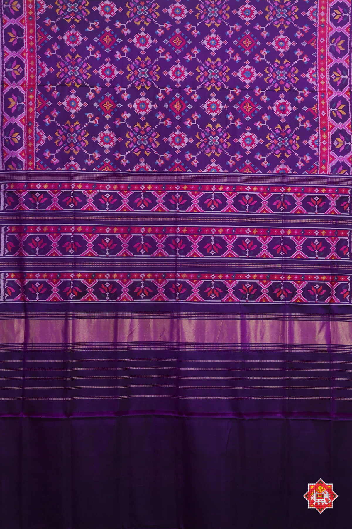 Minakari work & traditional navratna design with ghughroo pallu border semi double ikat patola saree