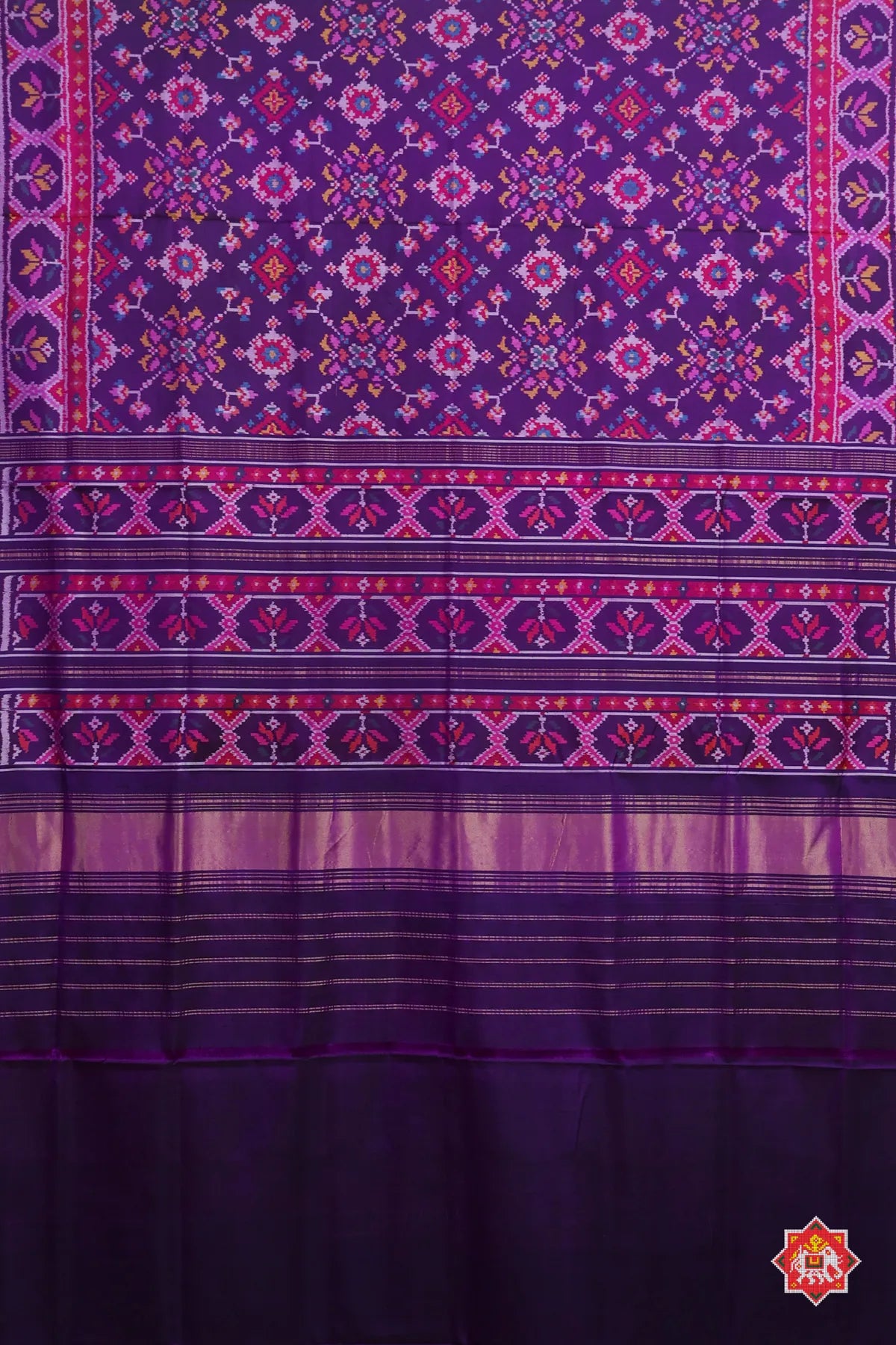 Minakari work & traditional navratna design with ghughroo pallu border semi double ikat patola saree