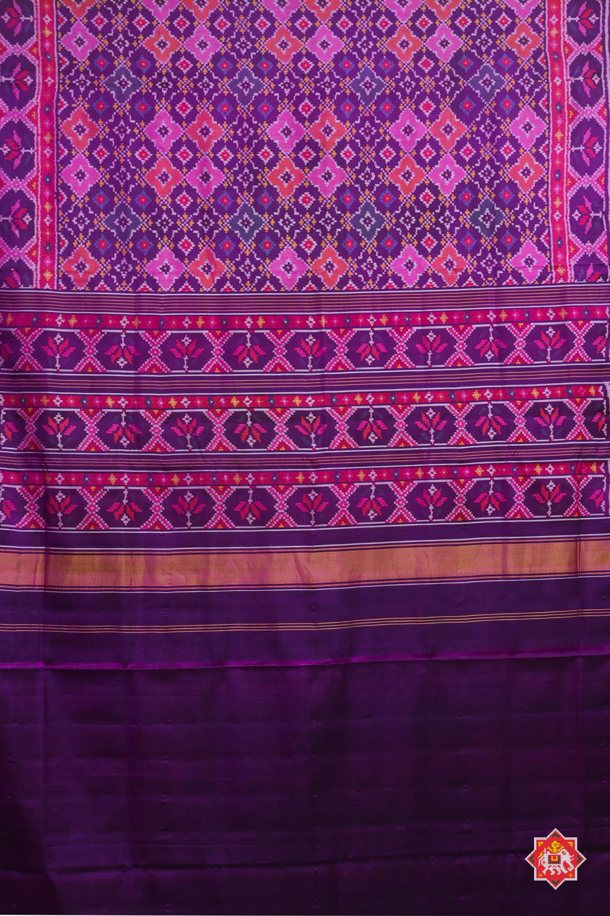 Minakari work & traditional button full design with ghughroo pallu border semi double ikat patola saree