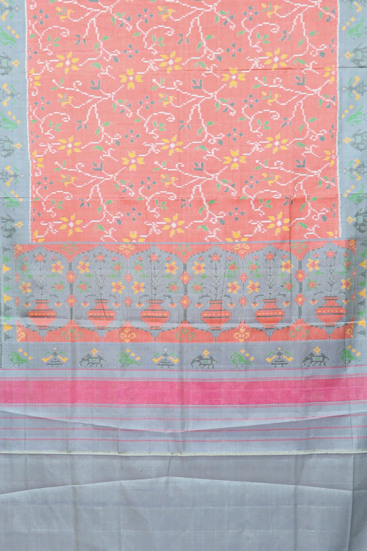 Rangoli design with lines border traditional design pallu semi double ikat patola saree