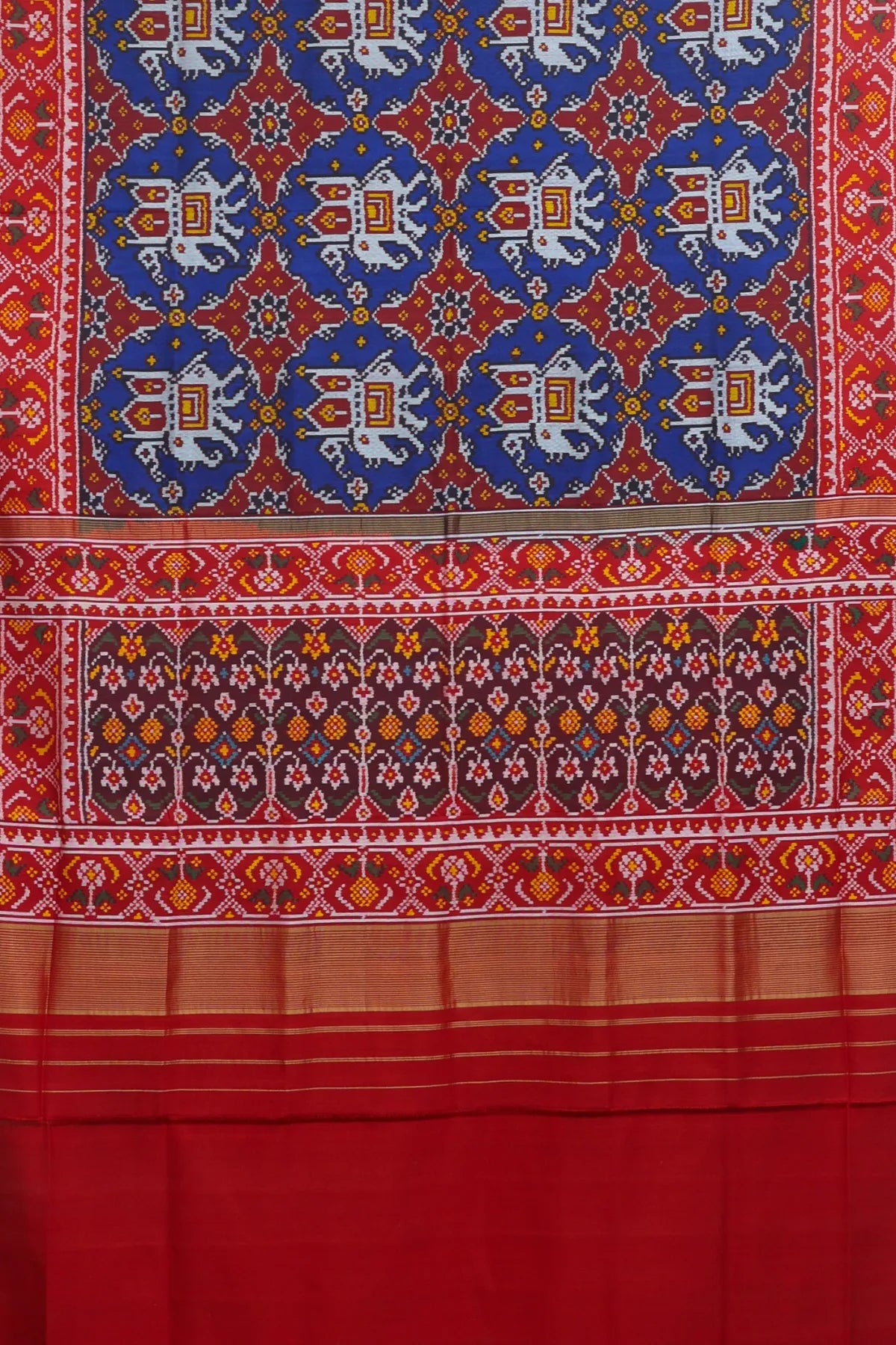 Traditional chhabdi with elephant design & ghughroo border design semi double ikat patola saree
