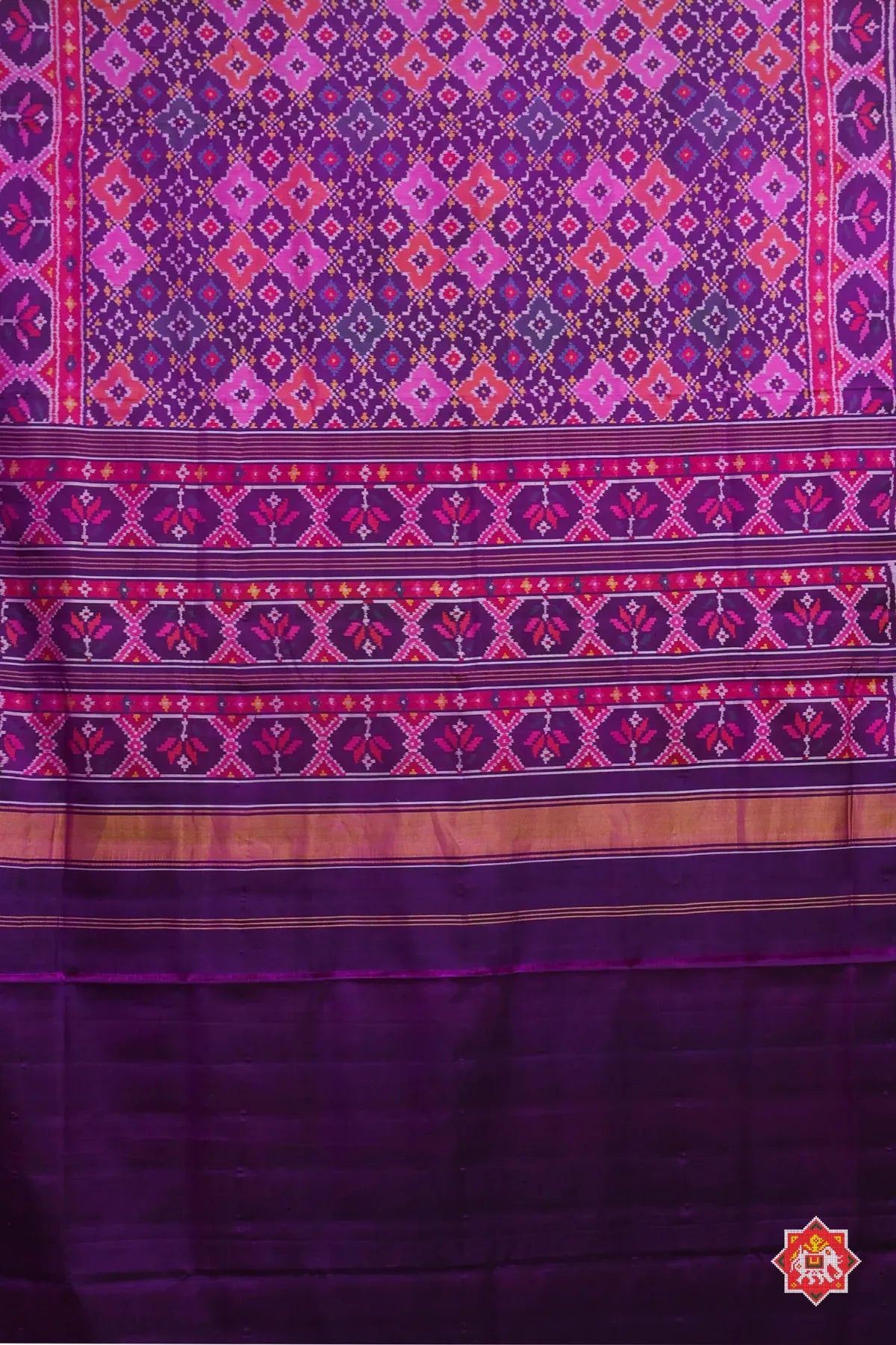 Minakari work & traditional button full design with ghughroo pallu border semi double ikat patola saree