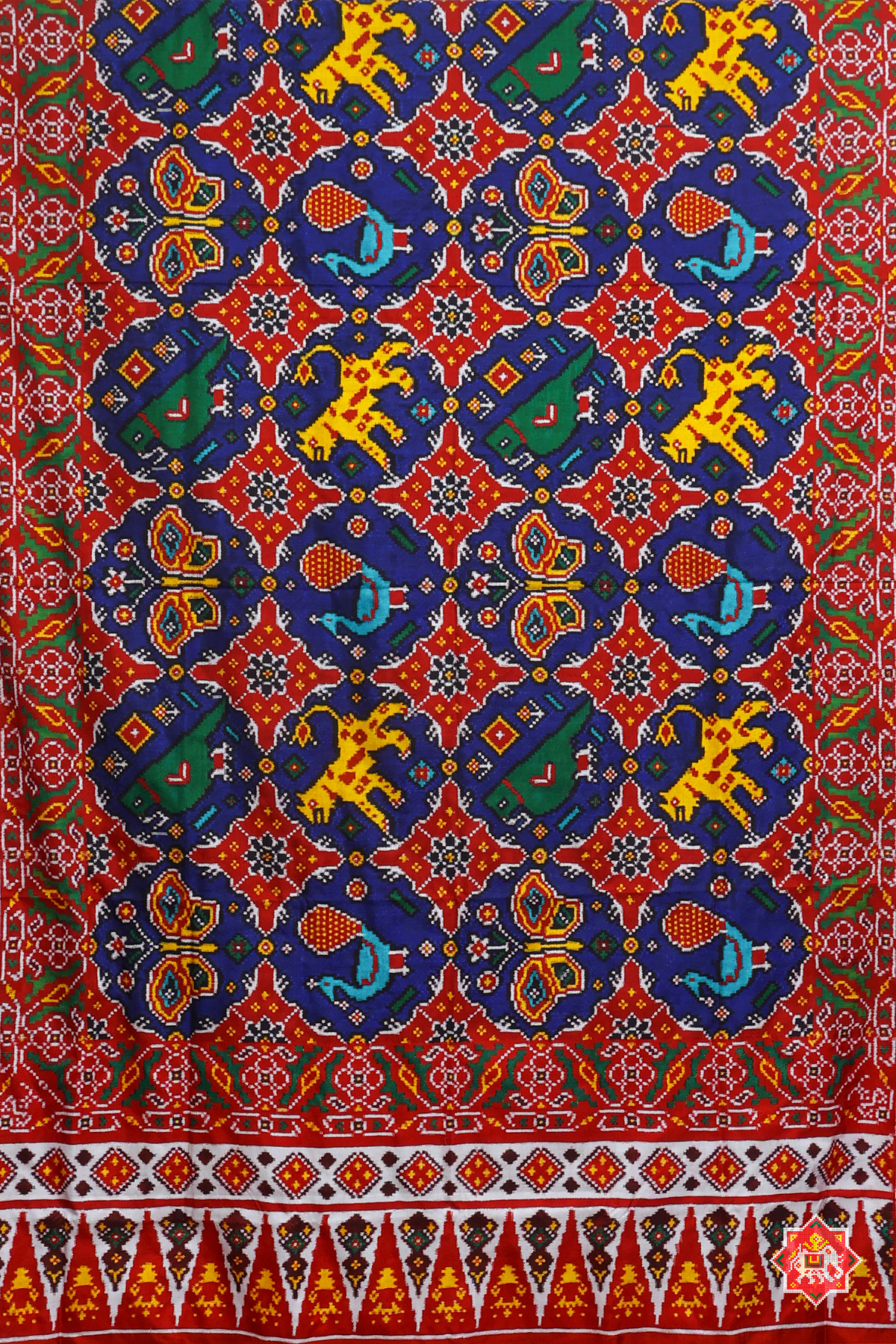 Patan patola  classic royal blue wildlife grid design with heritage motifs pure double ikat patola saree