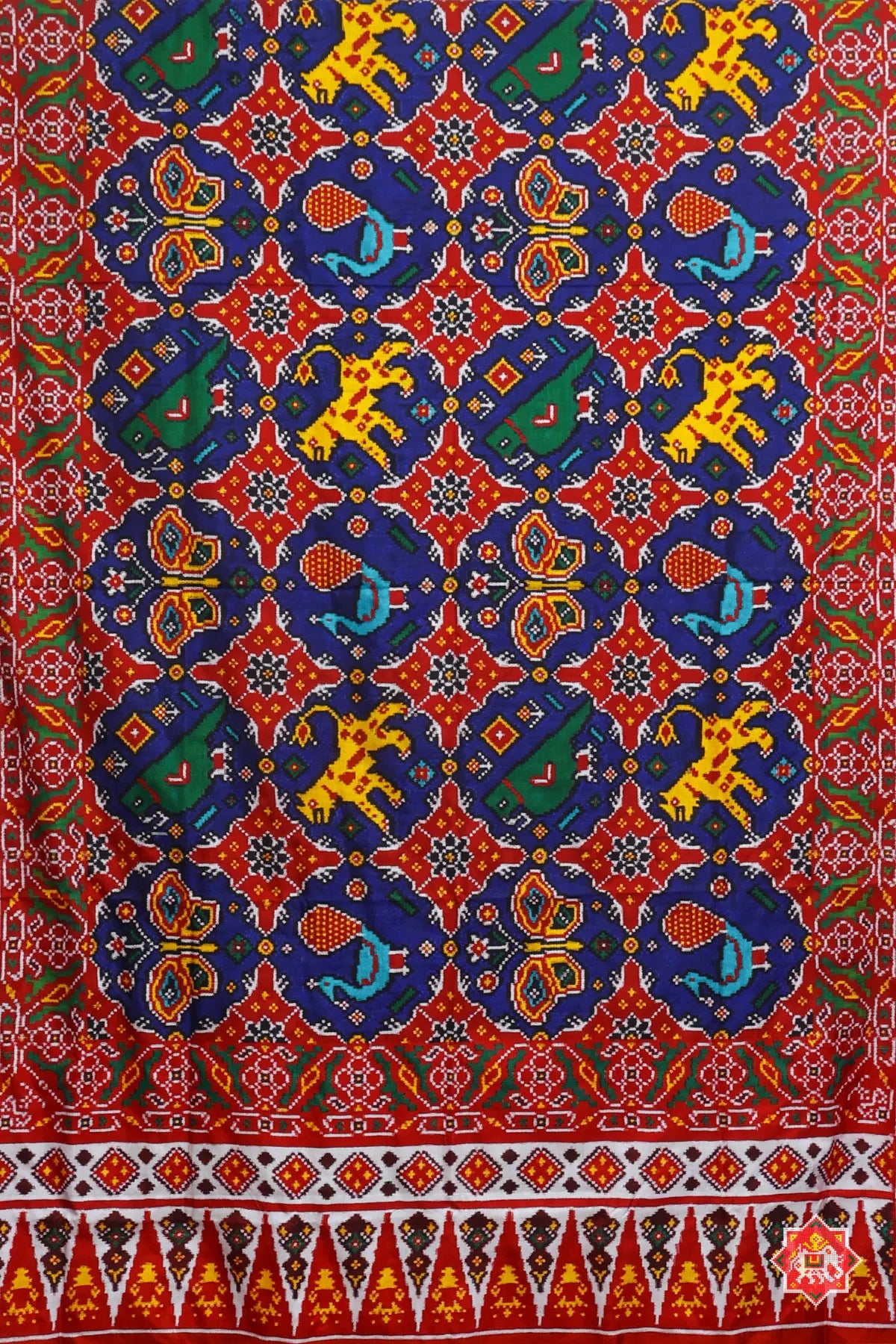 Patan patola  classic royal blue wildlife grid design with heritage motifs pure double ikat patola saree