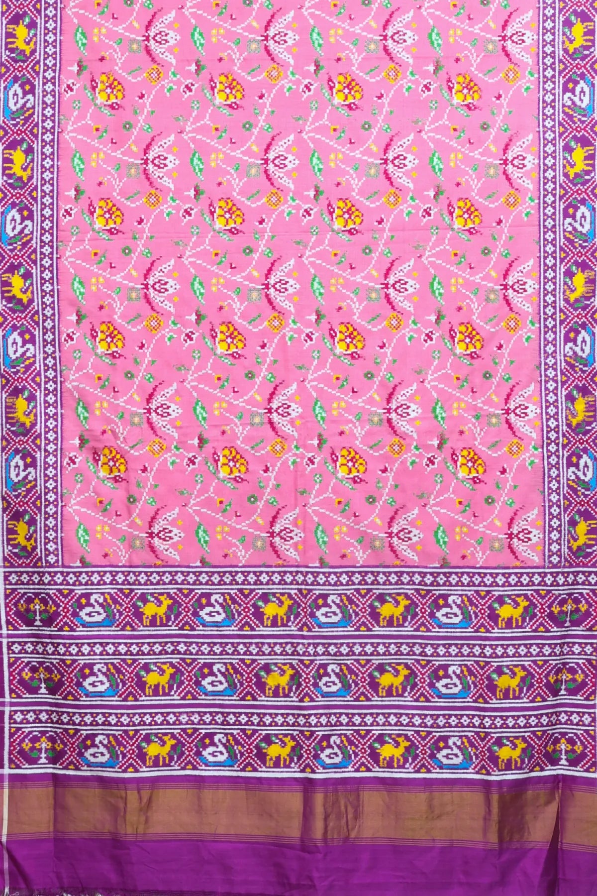 Patan patola traditional master piece rangoli design with border pallu motif design double ikat saree