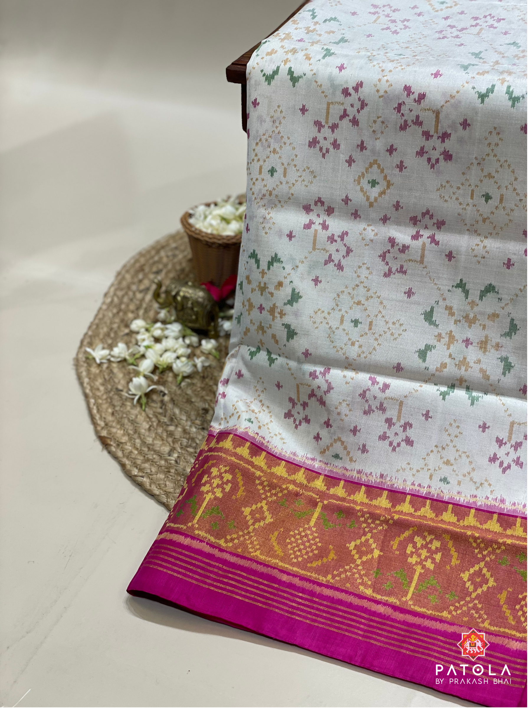 White & Pink Navratna Designer Single Ikat Patola Saree