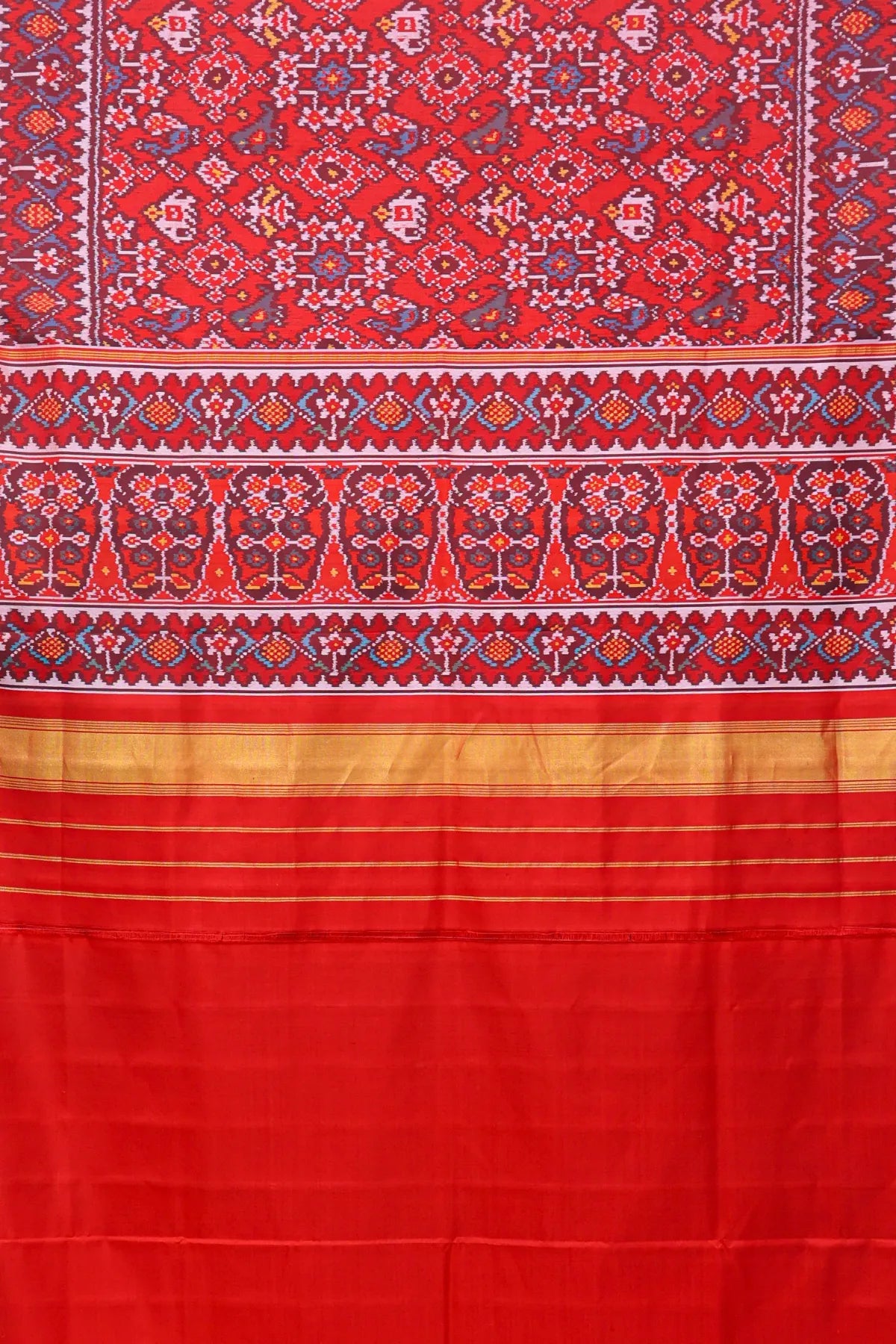Traditional navratna with motifs design palllu border flowers design semi double ikat patola saree