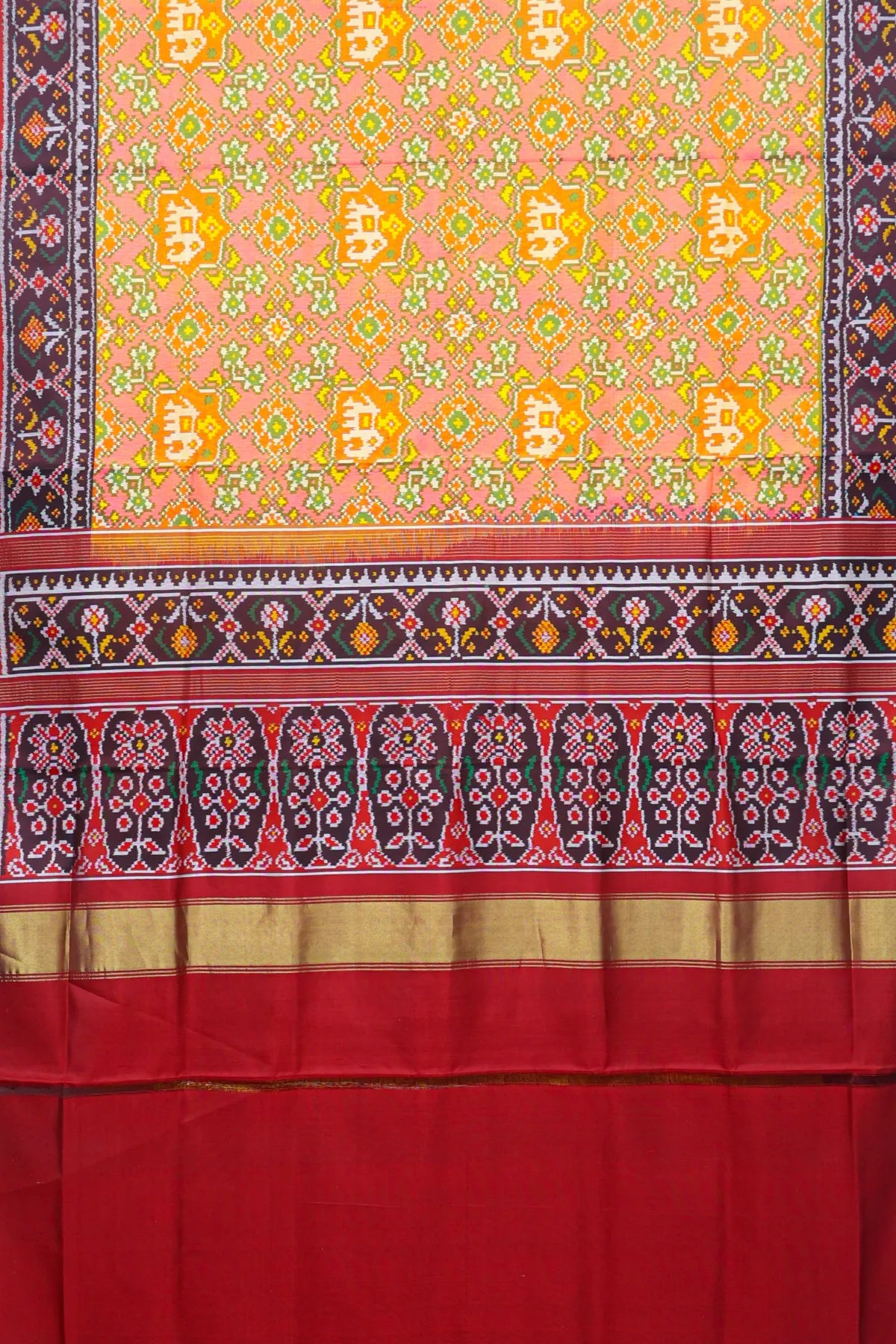 Traditional navratna design with elephant & border ghughroo design semi double ikat patola saree