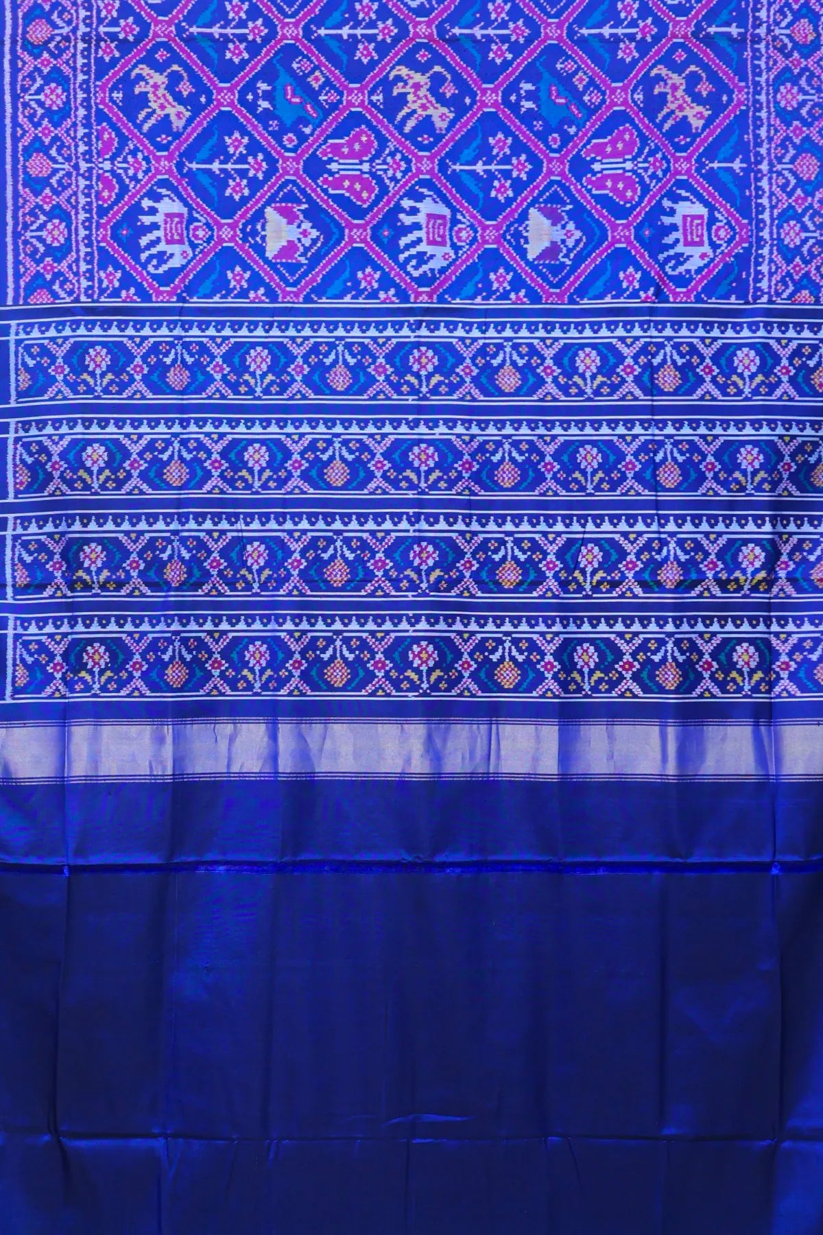 Traditional adtala design with pallu border ghughroo design semi double ikat patola saree