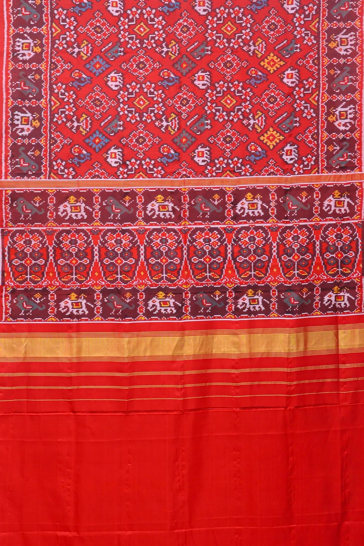 Traditional navratna with chanda design palllu border motifs design semi double ikat patola saree