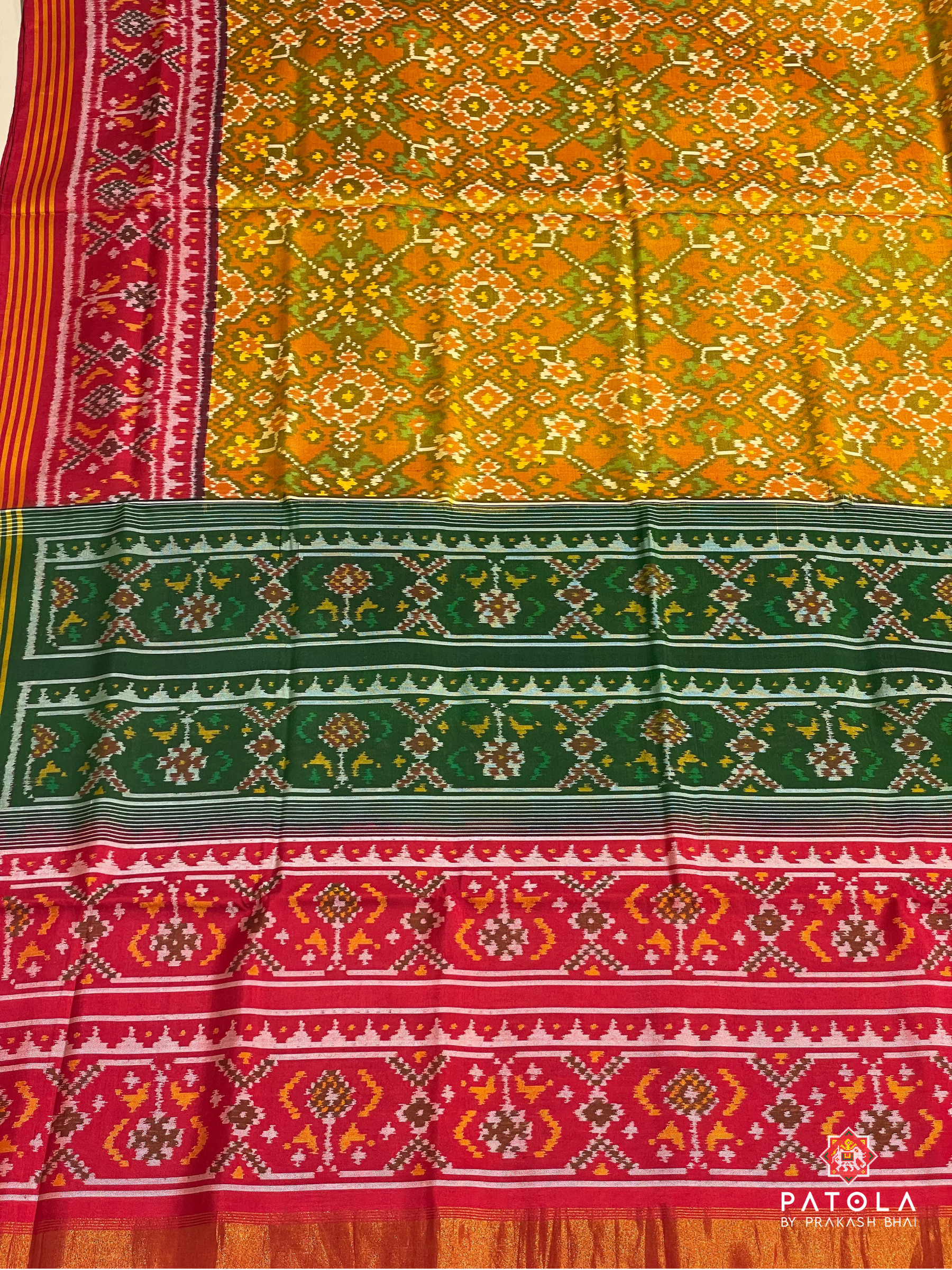 Traditional Navratna Design With Two Color Border Pallu Contrast Semi Double Ikat Saree