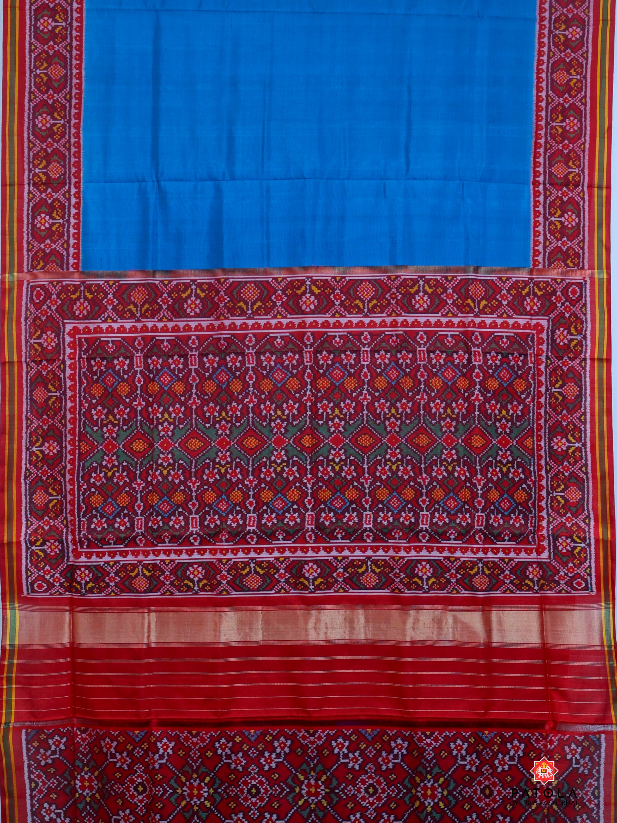 Plain Sky Blue With Patola Design Blouse Semi Double Ikat Patola Saree
