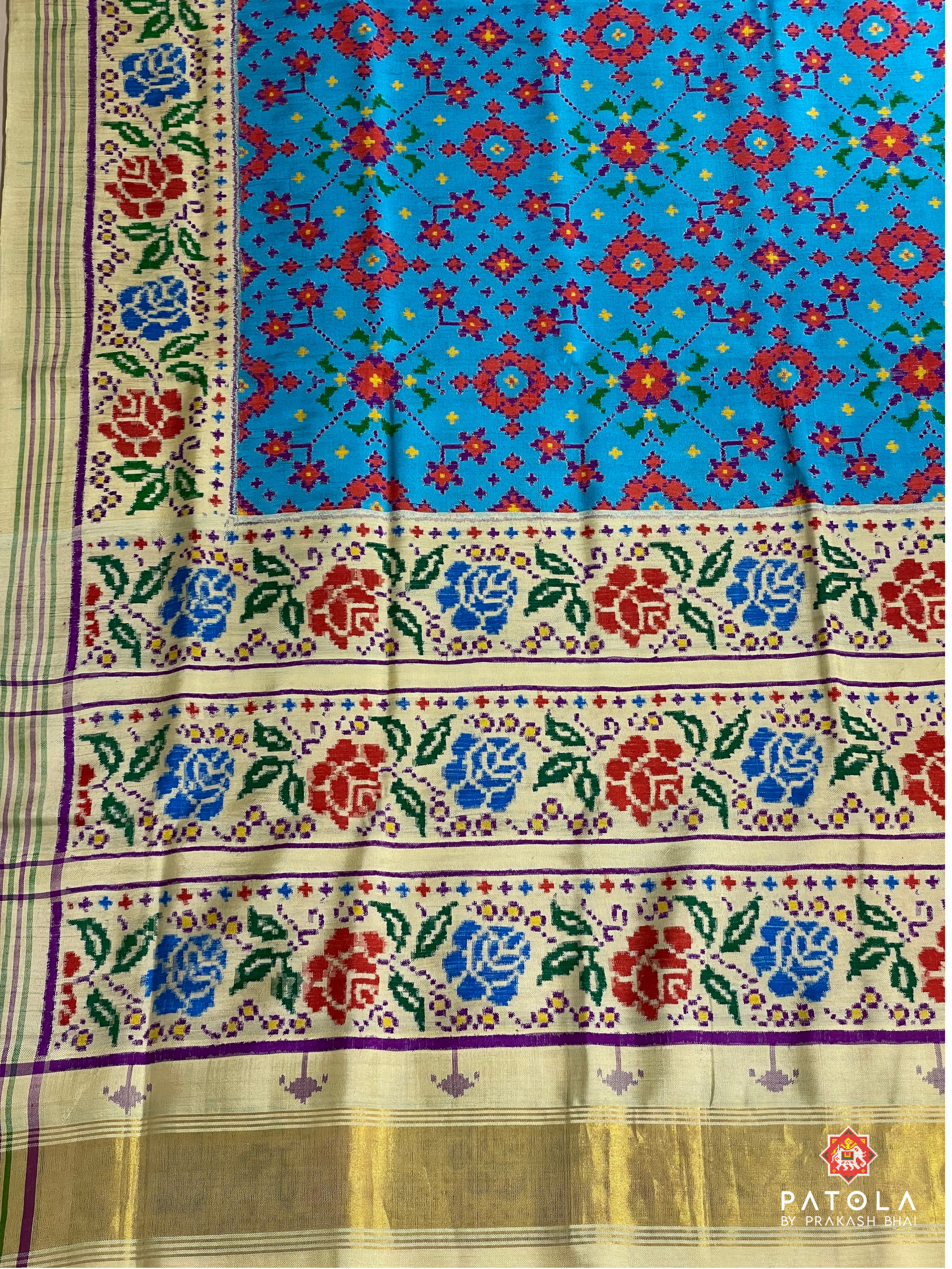 (Masterpiece) Traditional Navratna Flower Border Designer Pure Double Ikat Patola Saree