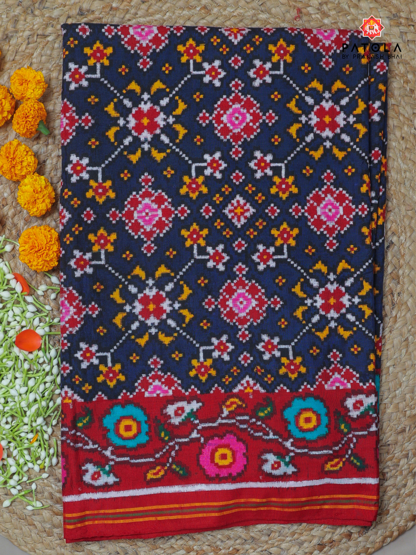 Nevy blue navratna design with flowers border pure double ikat patola saree