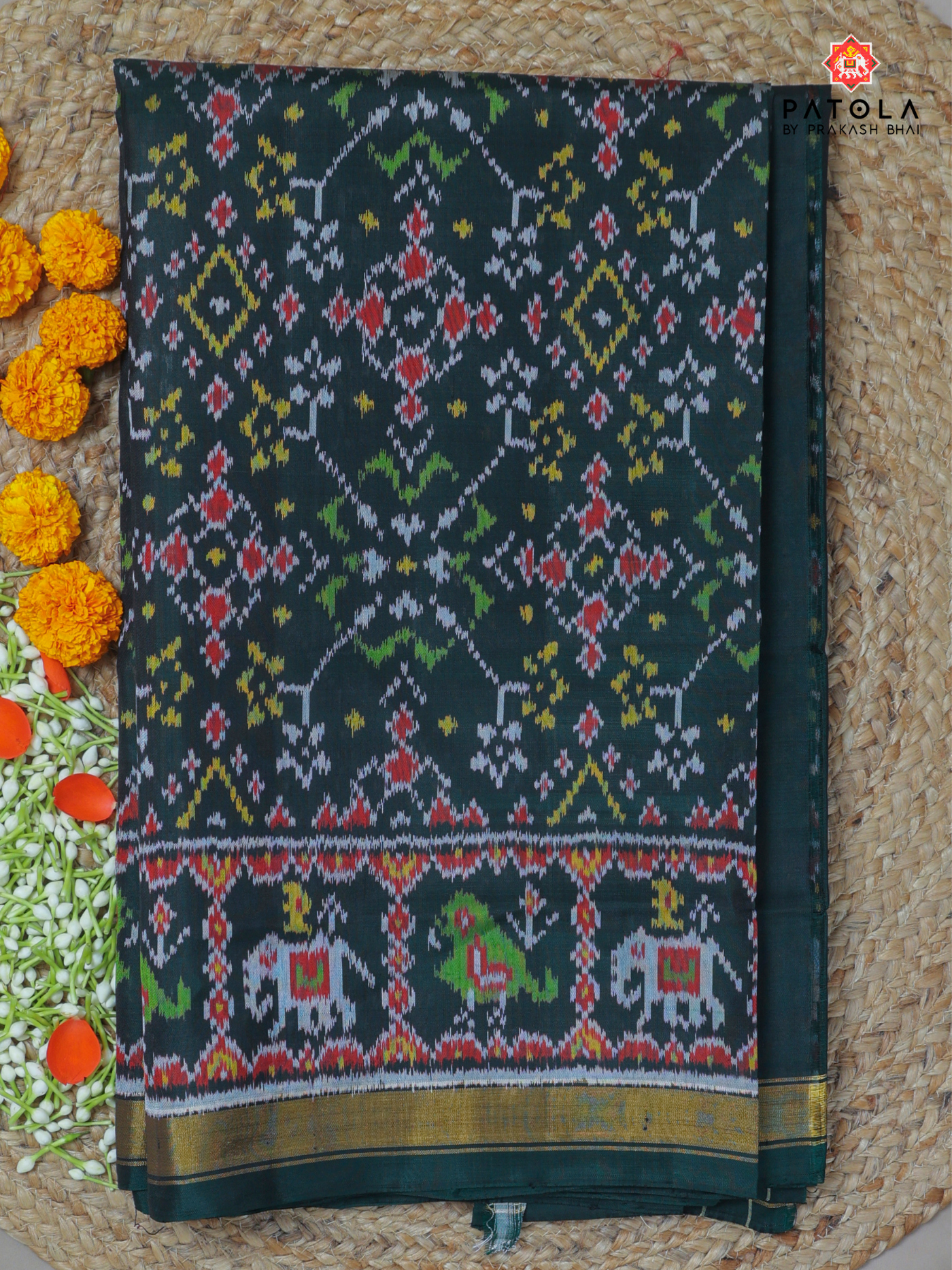 Navratna Design with Elephant Border Single Ikat Patola Saree