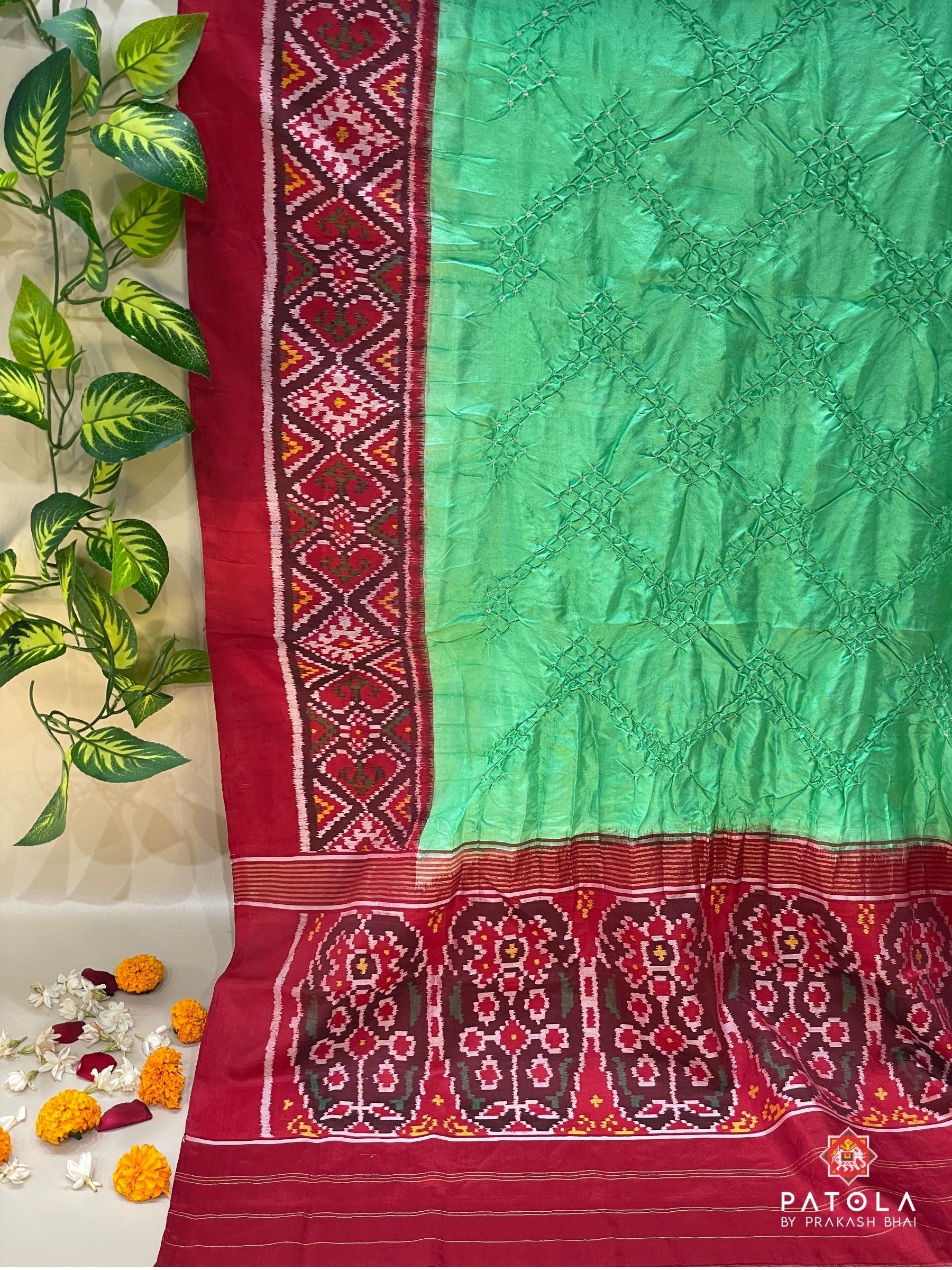 Pista Pallu Border Patola Design With Bodywork Bandhej Dupatta