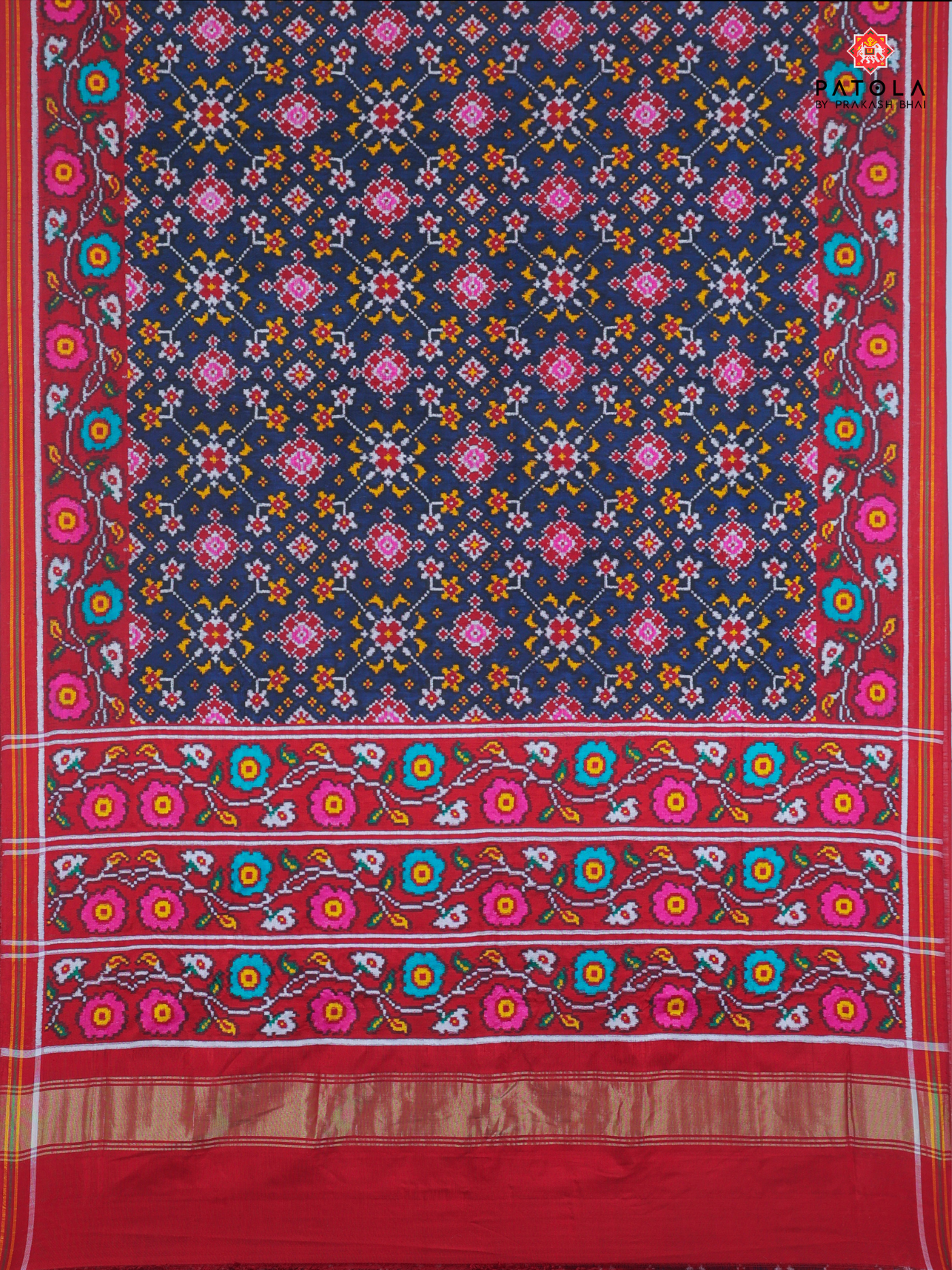 Nevy blue navratna design with flowers border pure double ikat patola saree