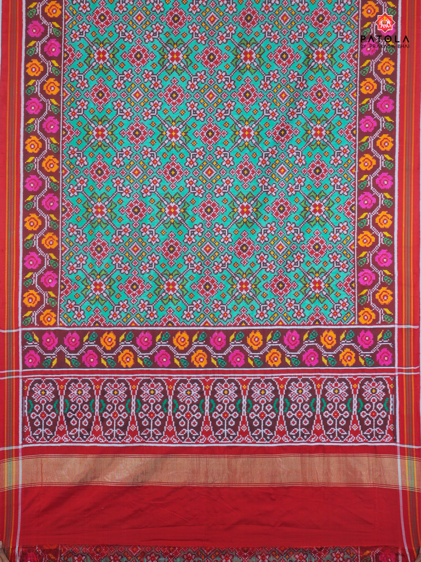 Pista navratna design with flowers border pure double ikat patola saree