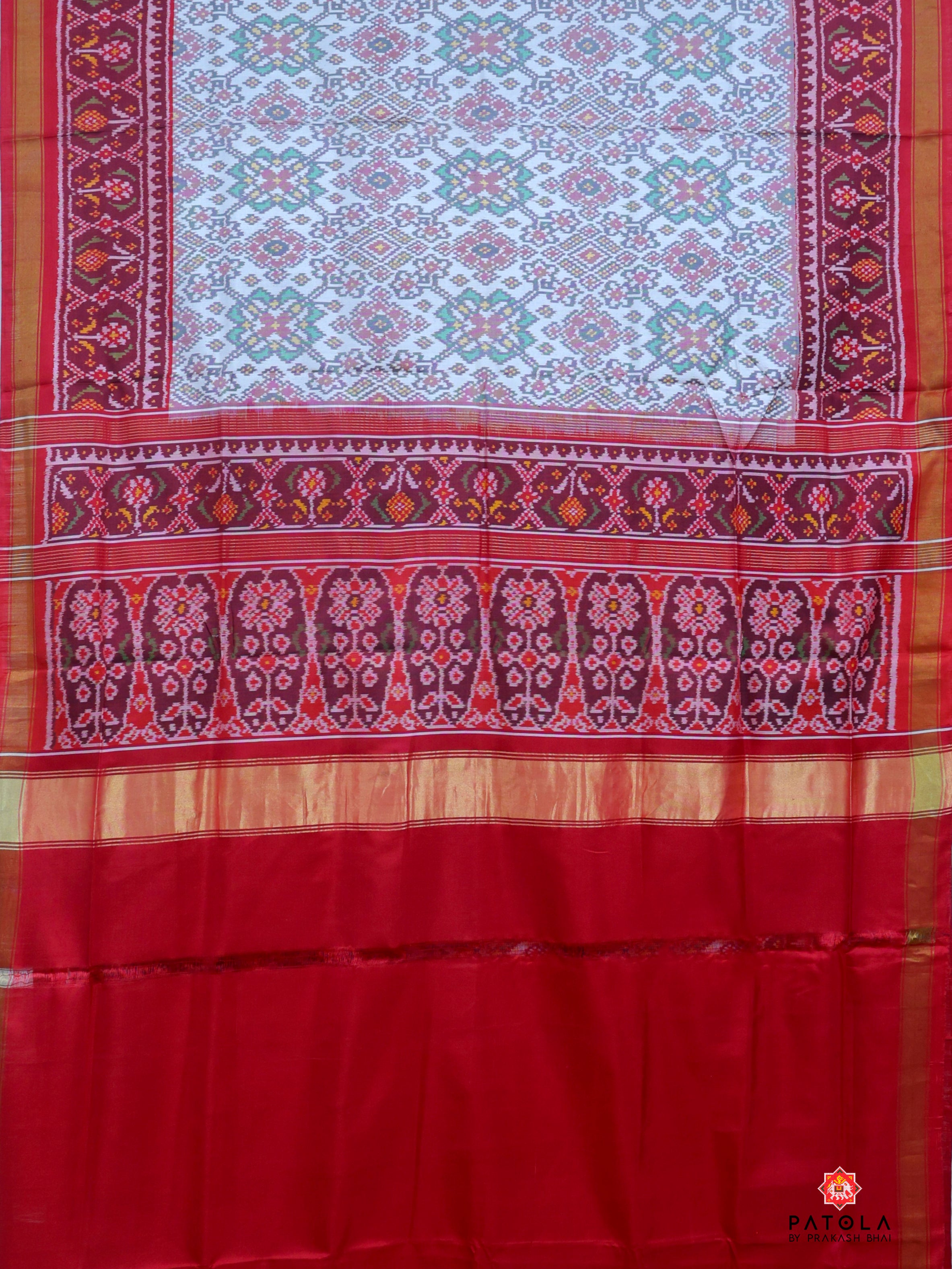 White Navratna Design Semi Double Ikat Patola Saree