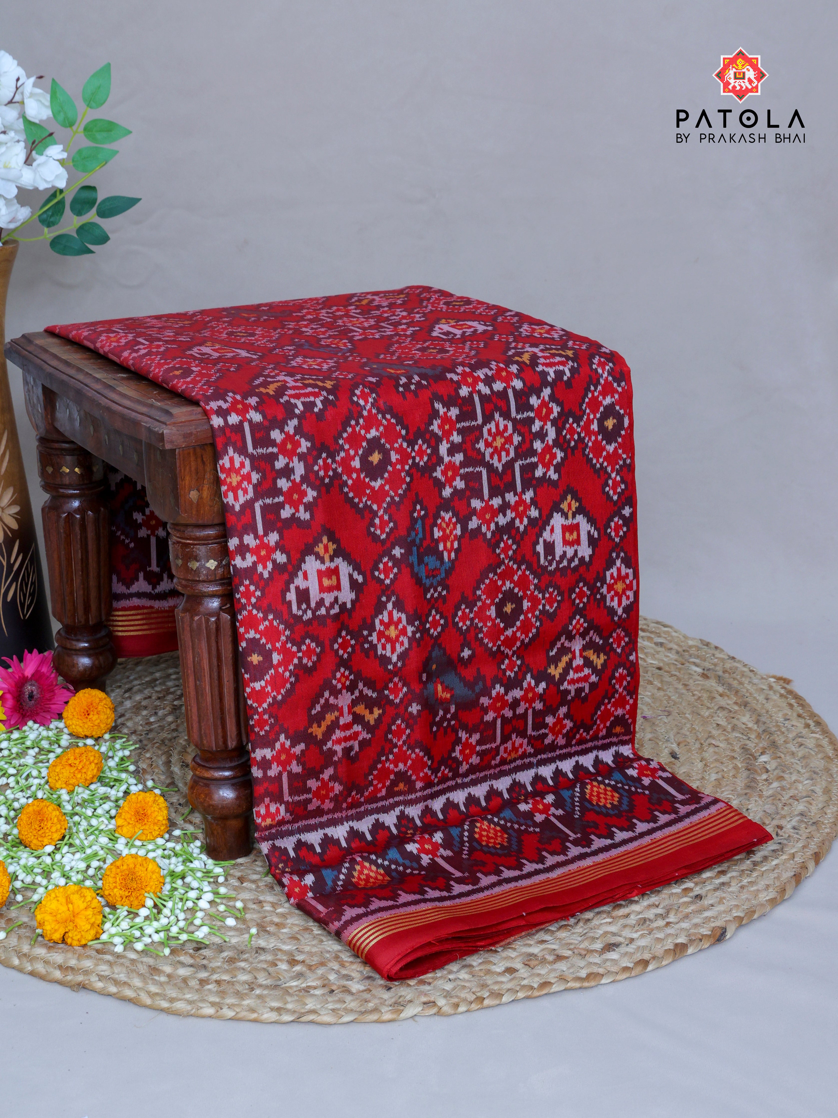 Red Navratna With Hathi Popat Mix Design Semi Double Ikat Patola Saree