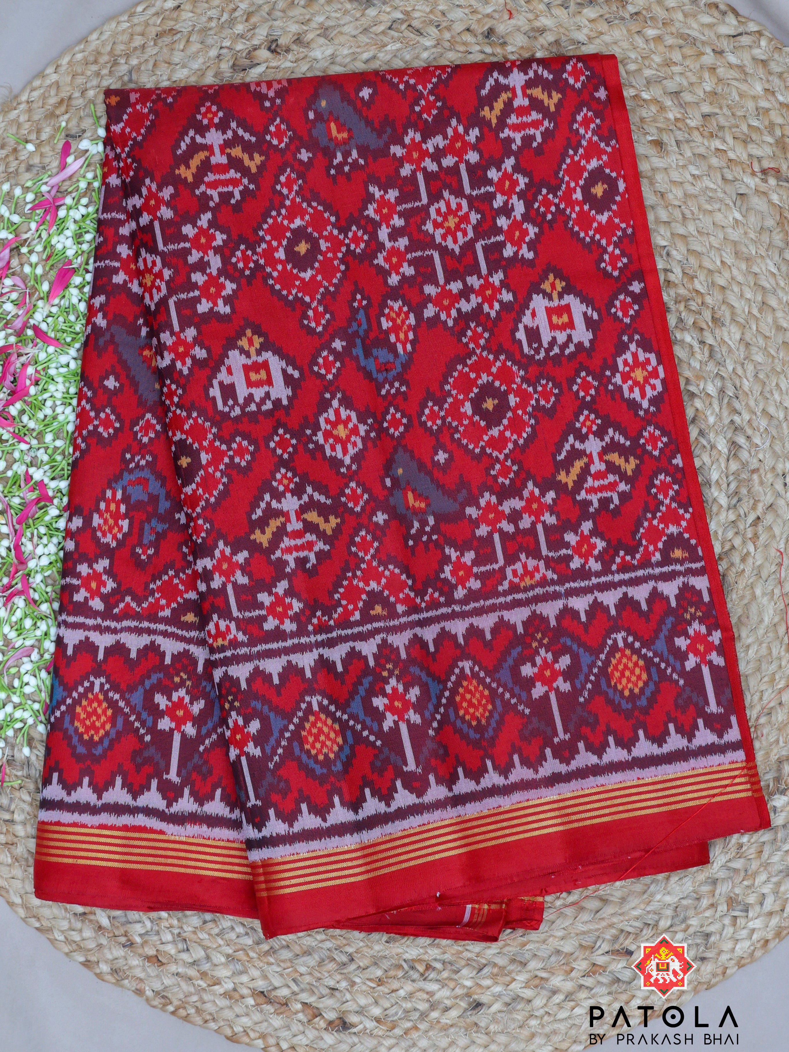 Red Navratna With Hathi Popat Mix Design Semi Double Ikat Patola Saree
