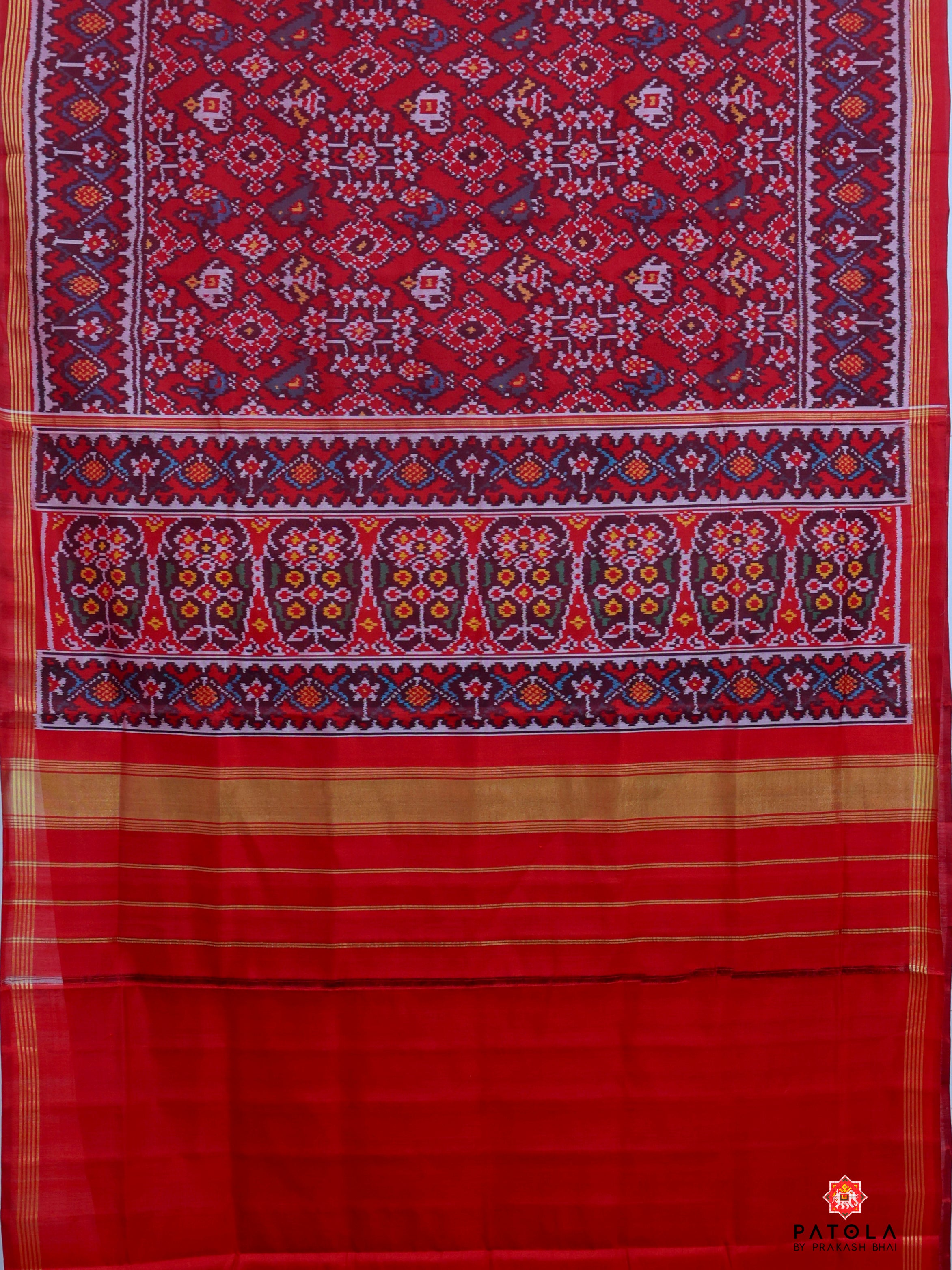 Red Navratna With Hathi Popat Mix Design Semi Double Ikat Patola Saree