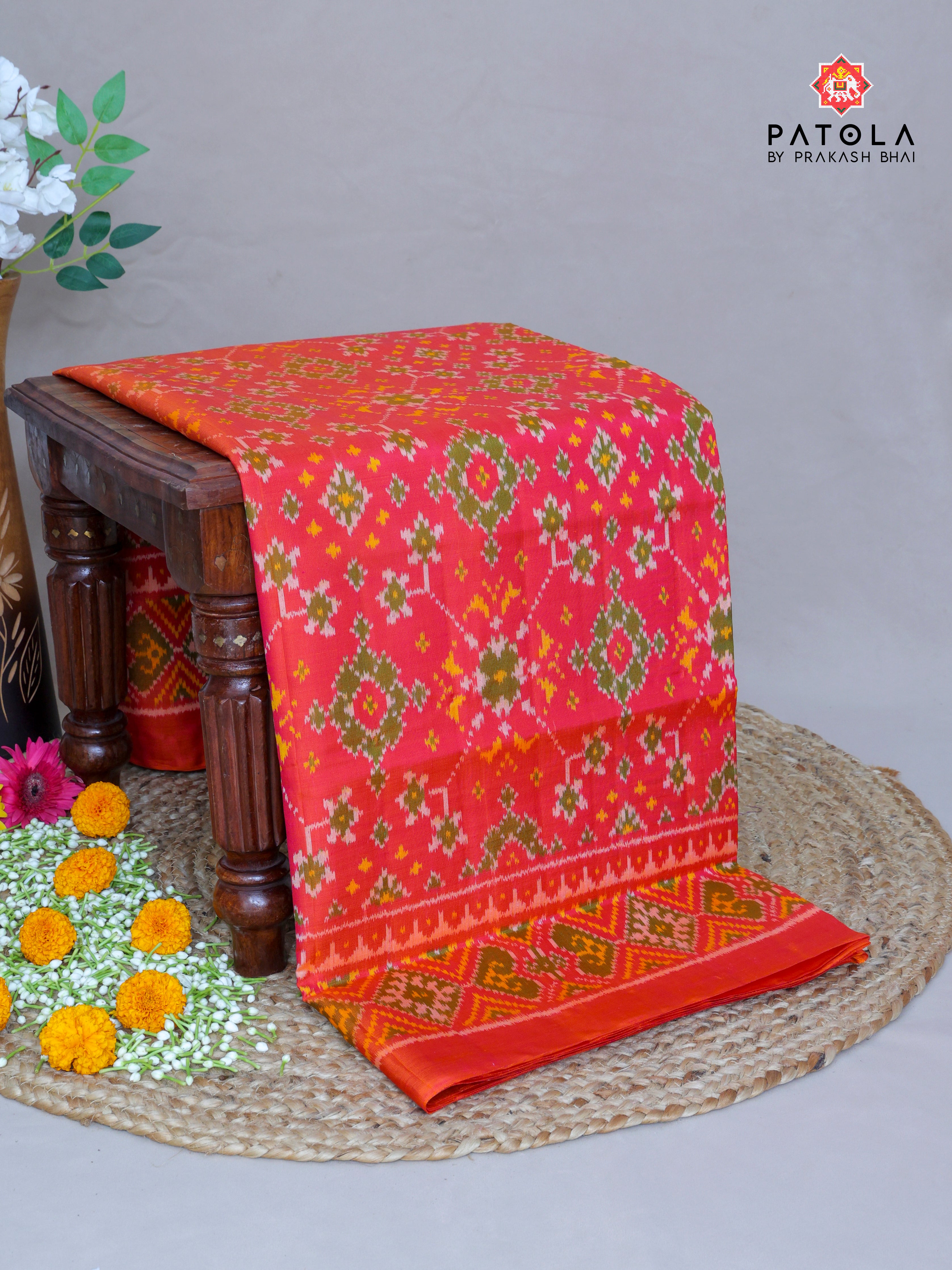 Peach With Orange Shade Navratna Design Single Ikat Patola Saree
