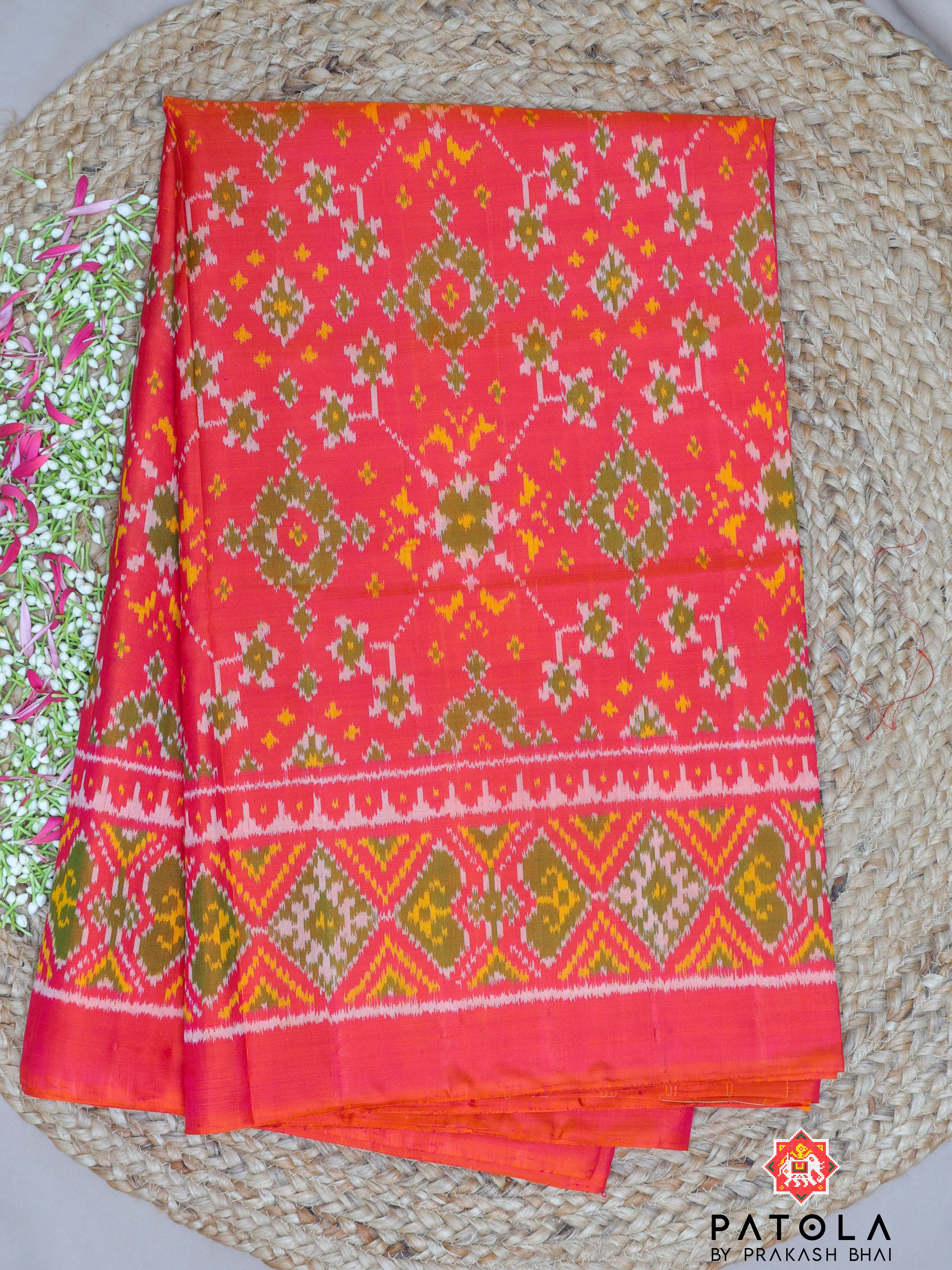 Peach With Orange Shade Navratna Design Single Ikat Patola Saree