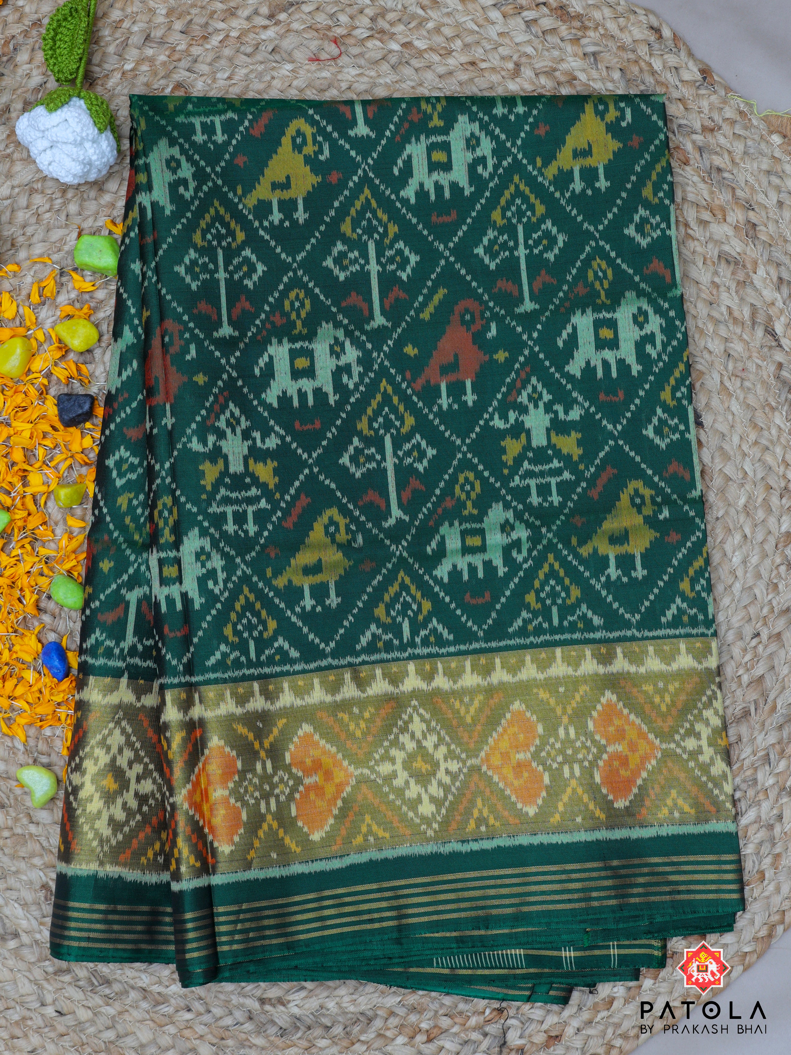 Green Hathi Popat Design Single Ikat Patola Saree