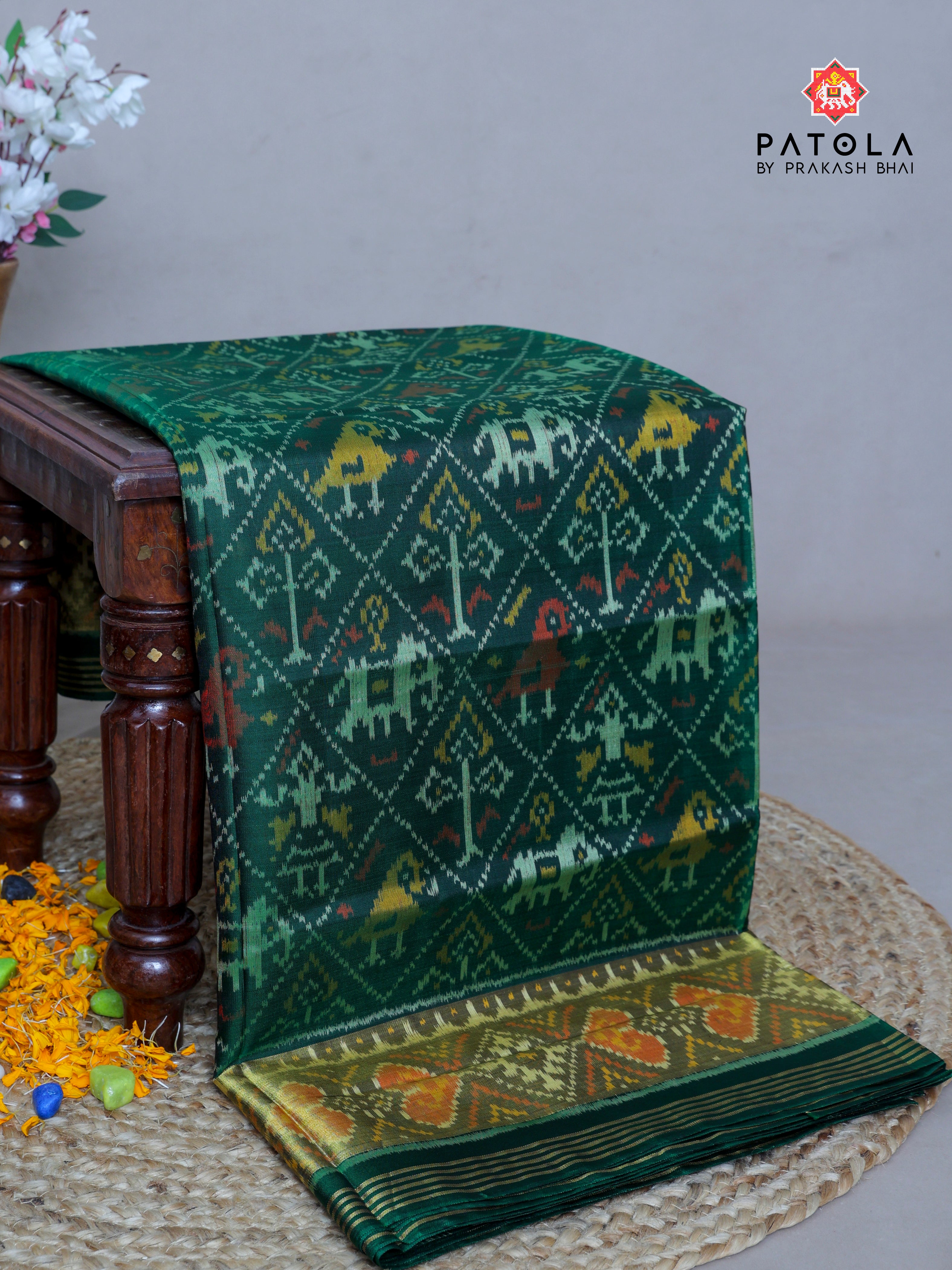 Green Hathi Popat Design Single Ikat Patola Saree