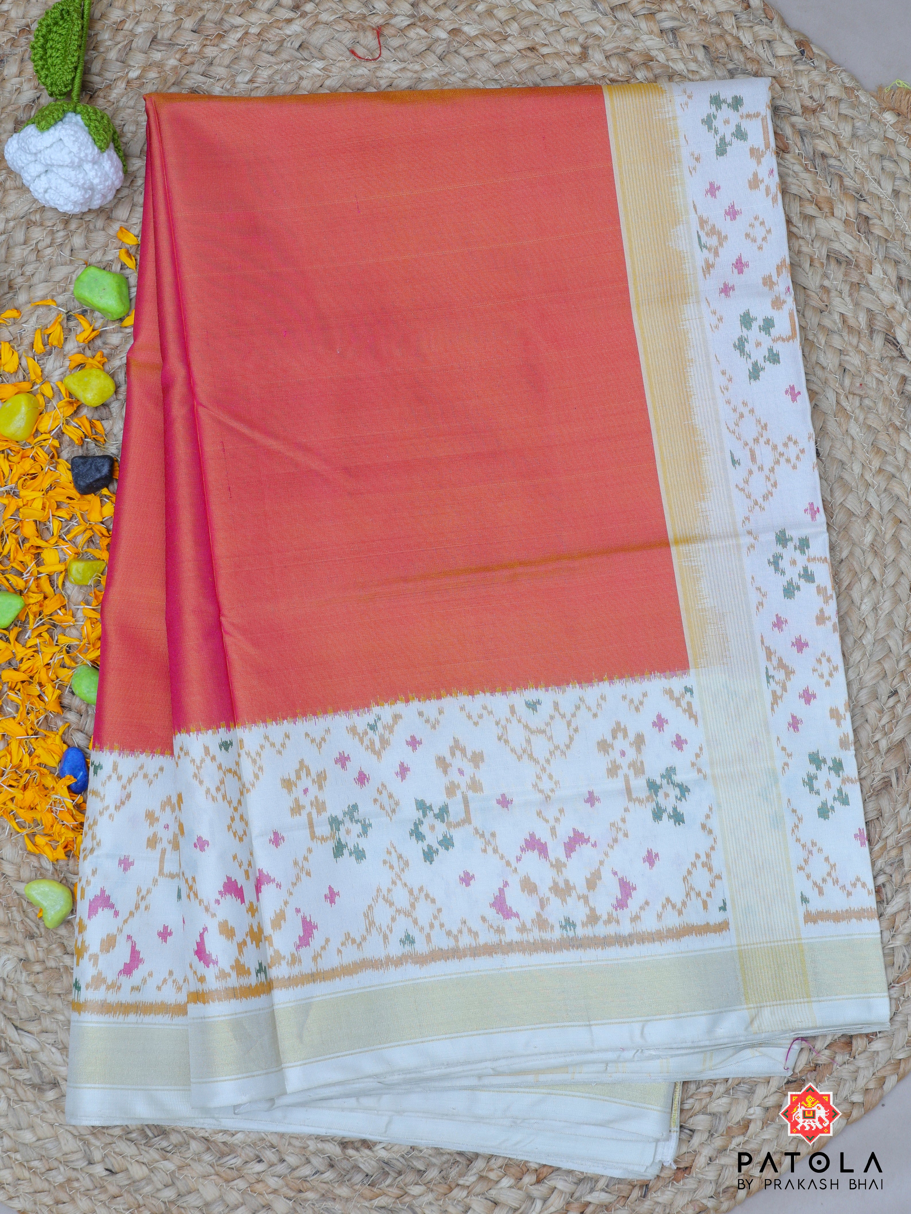 Plain Peach With Navratna Border Single Ikat Patola Saree