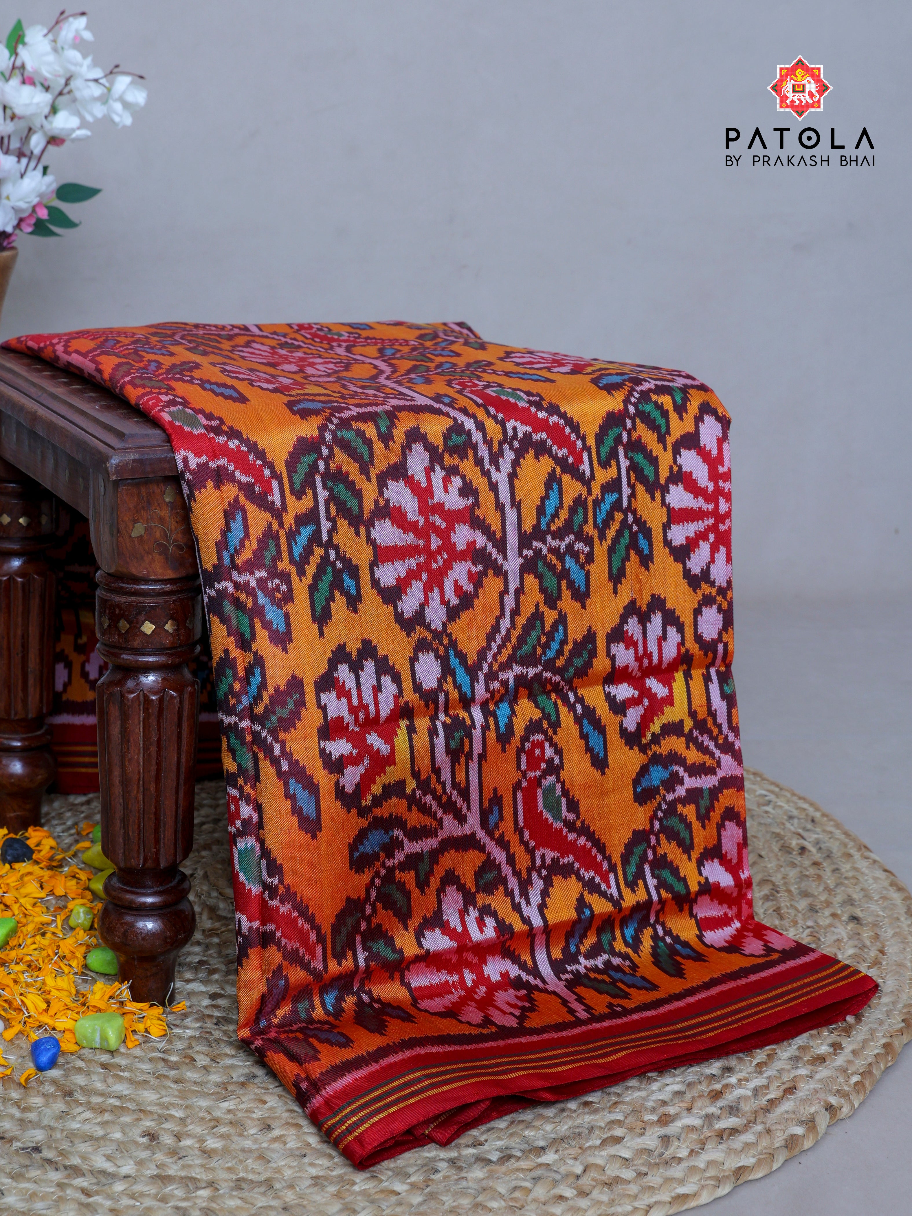 Tree With Parrot Design Semi Double Ikat Patola Saree