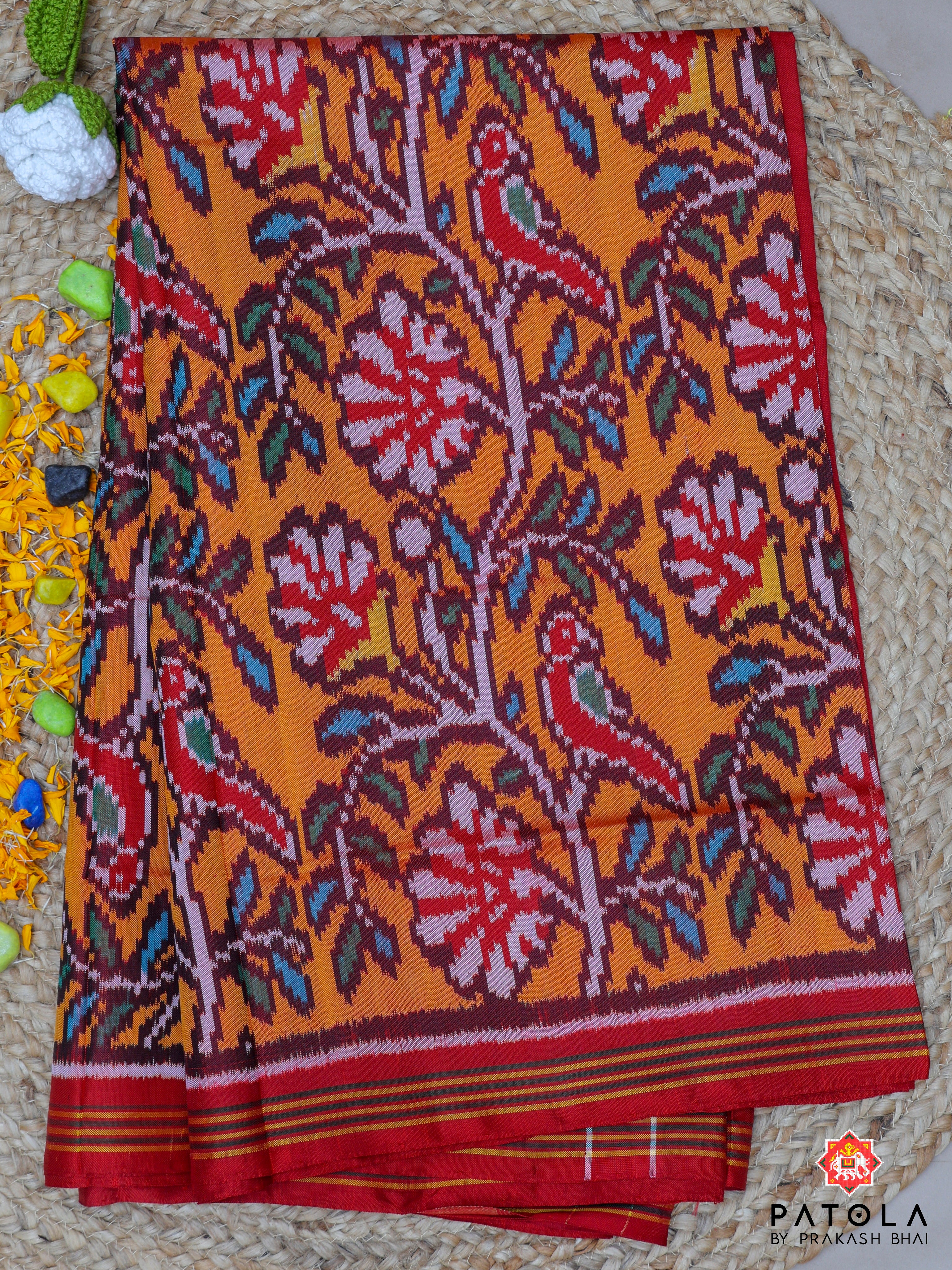 Tree With Parrot Design Semi Double Ikat Patola Saree