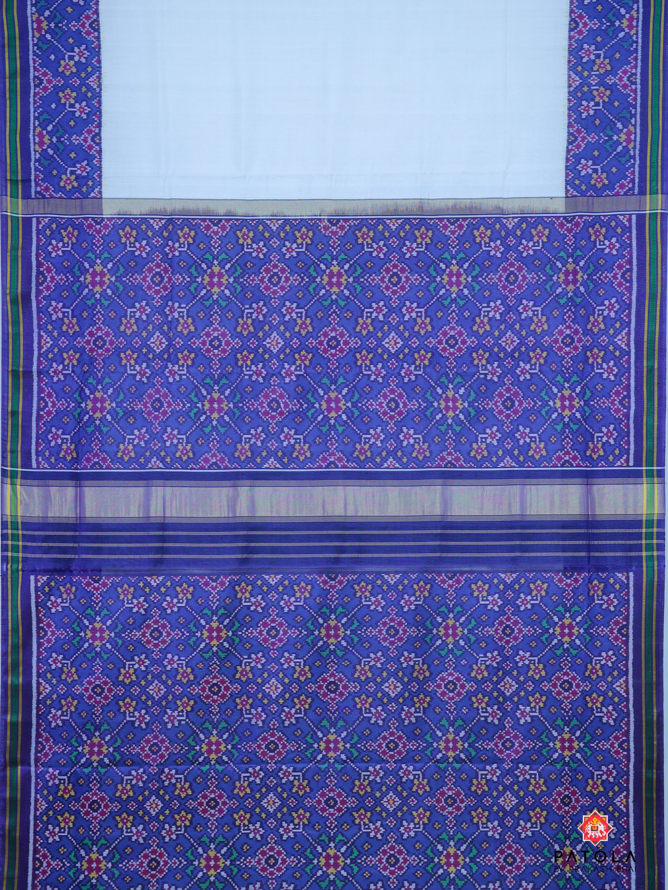 Plain White With Navratna Border Semi Double Ikat Patola Saree