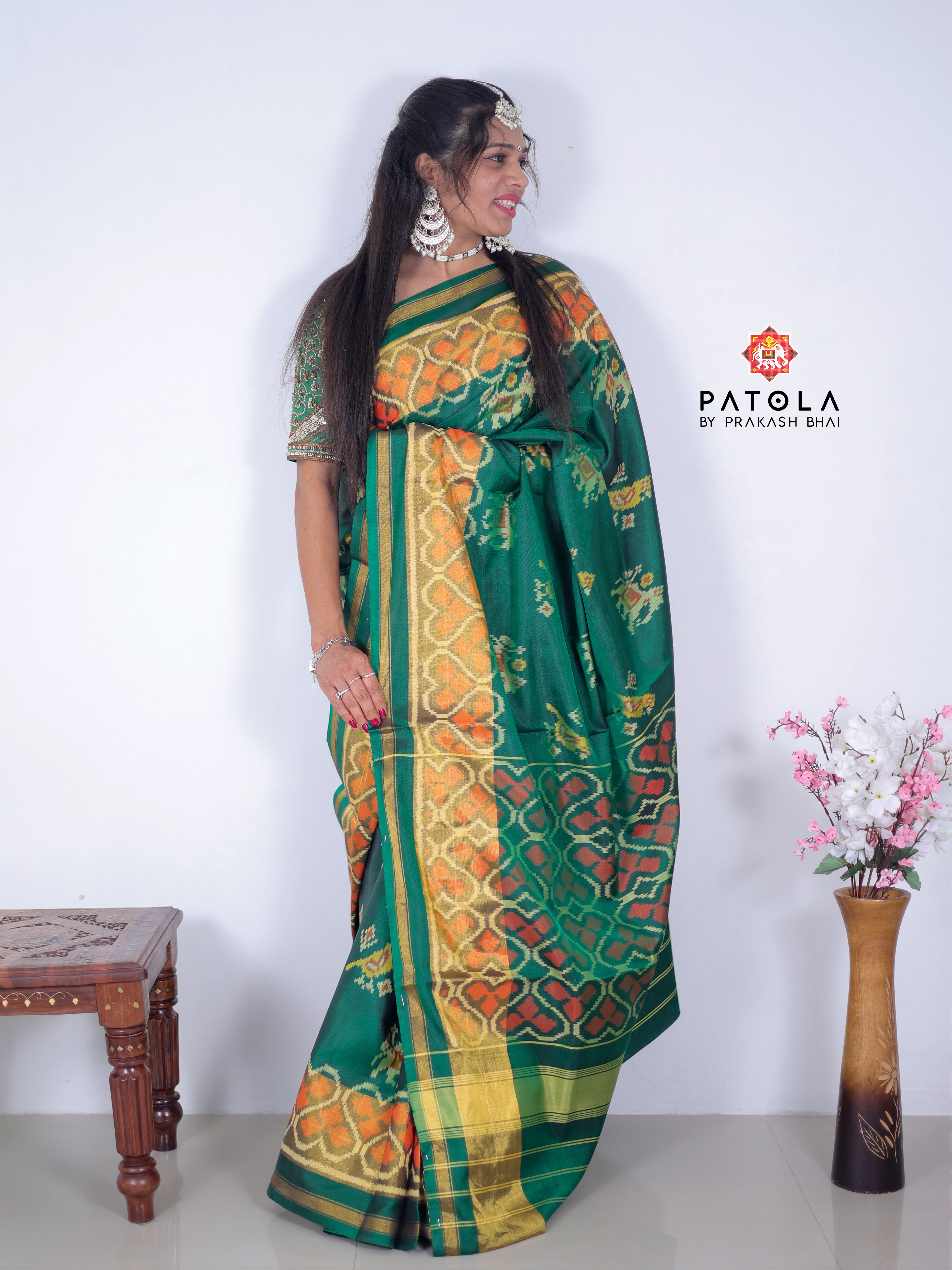 Green Hathi Popat Designer Single Ikat Patola Saree