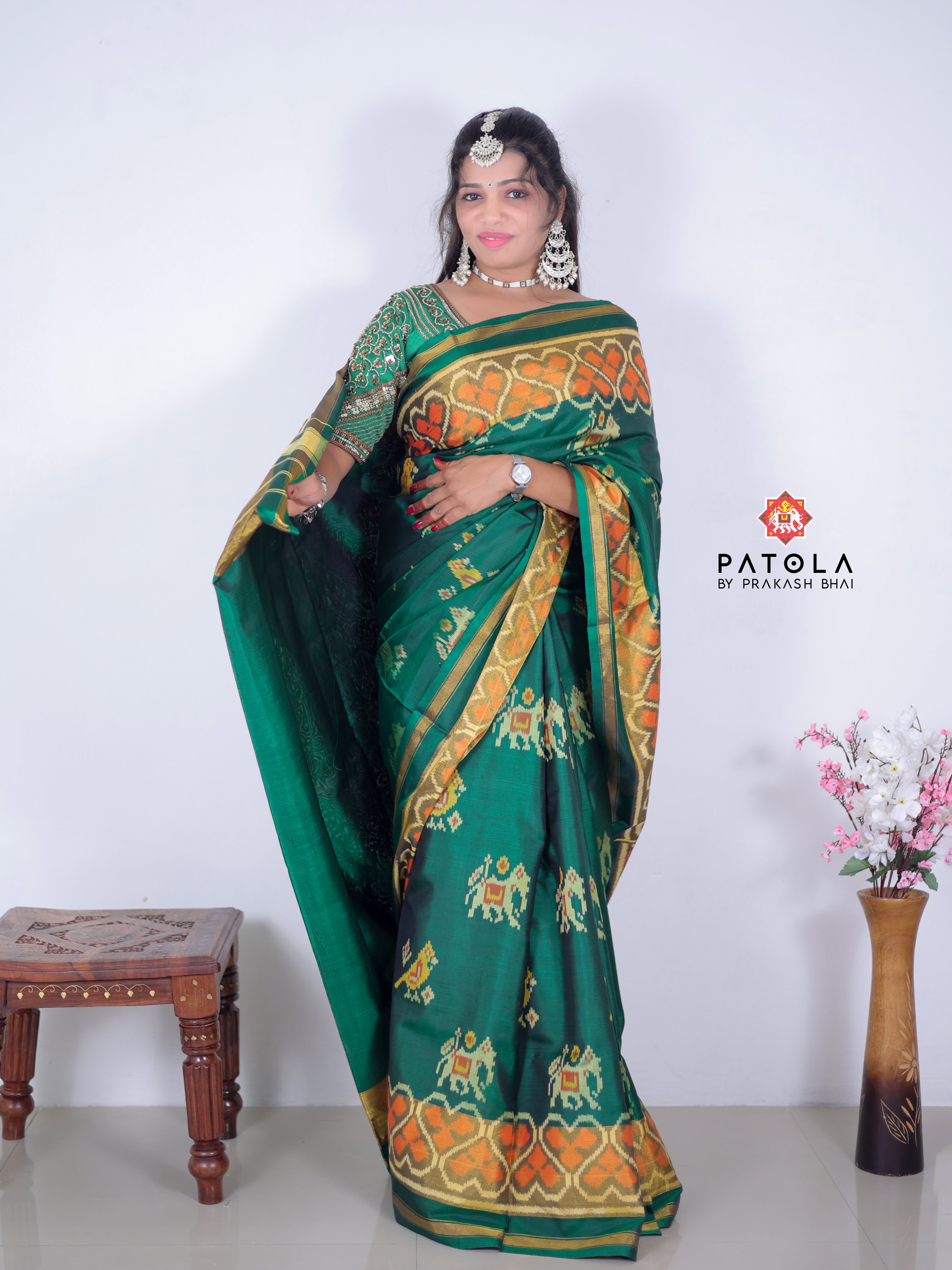 Green Hathi Popat Designer Single Ikat Patola Saree
