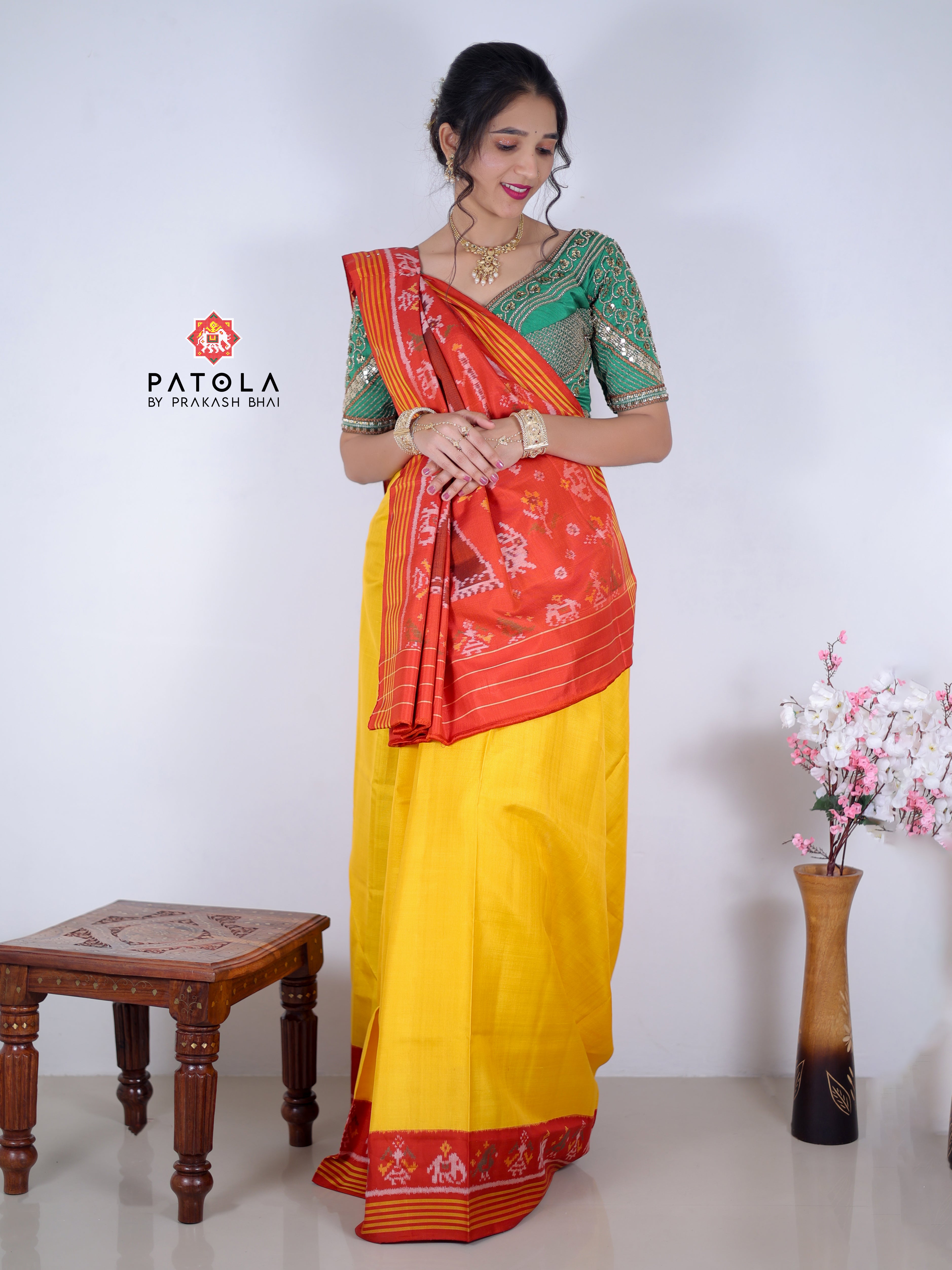 Plain Yellow Patola With Big Elephent Pallu Designer Semi Double Ikat Patola Saree
