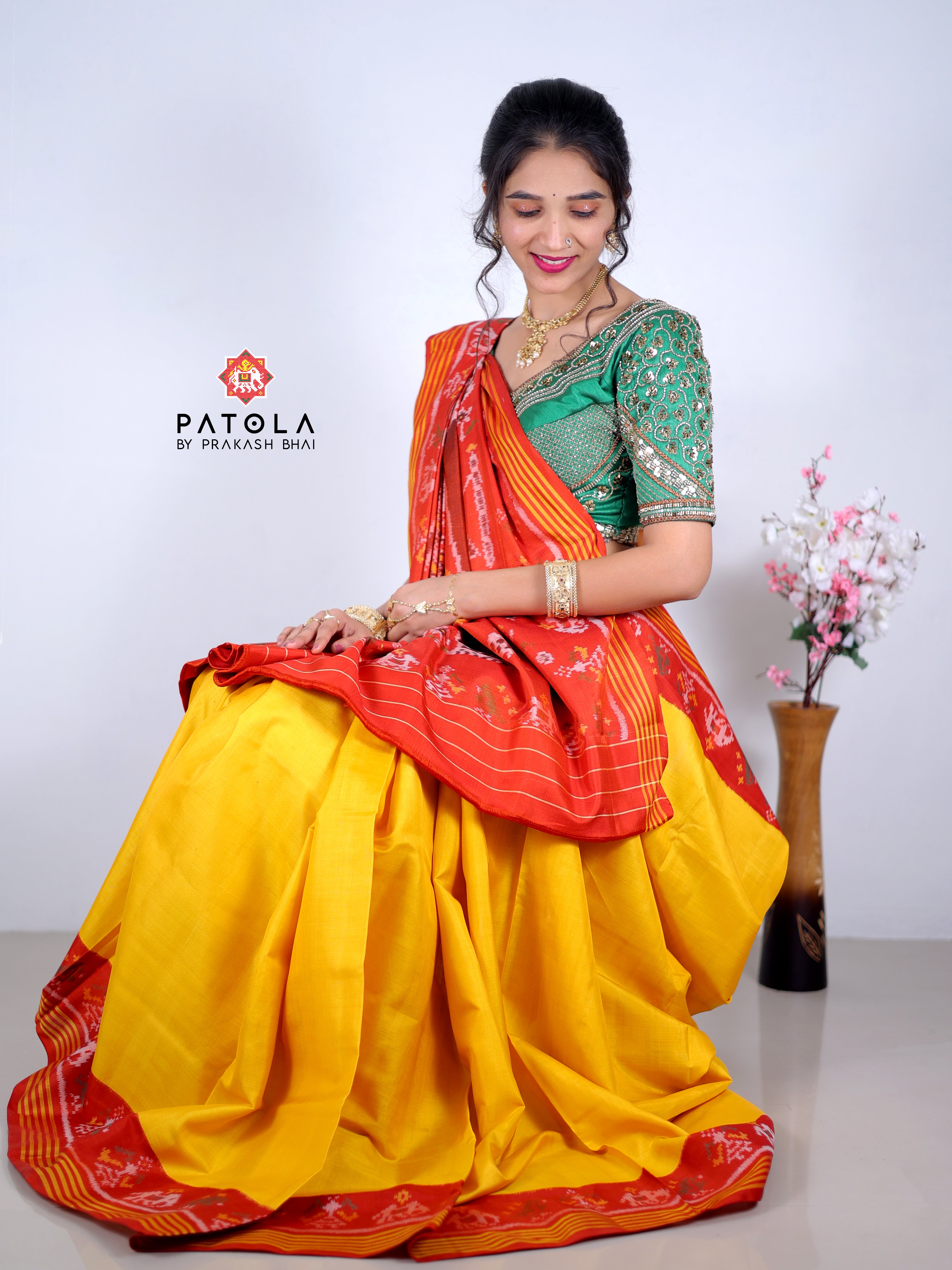 Plain Yellow Patola With Big Elephent Pallu Designer Semi Double Ikat Patola Saree