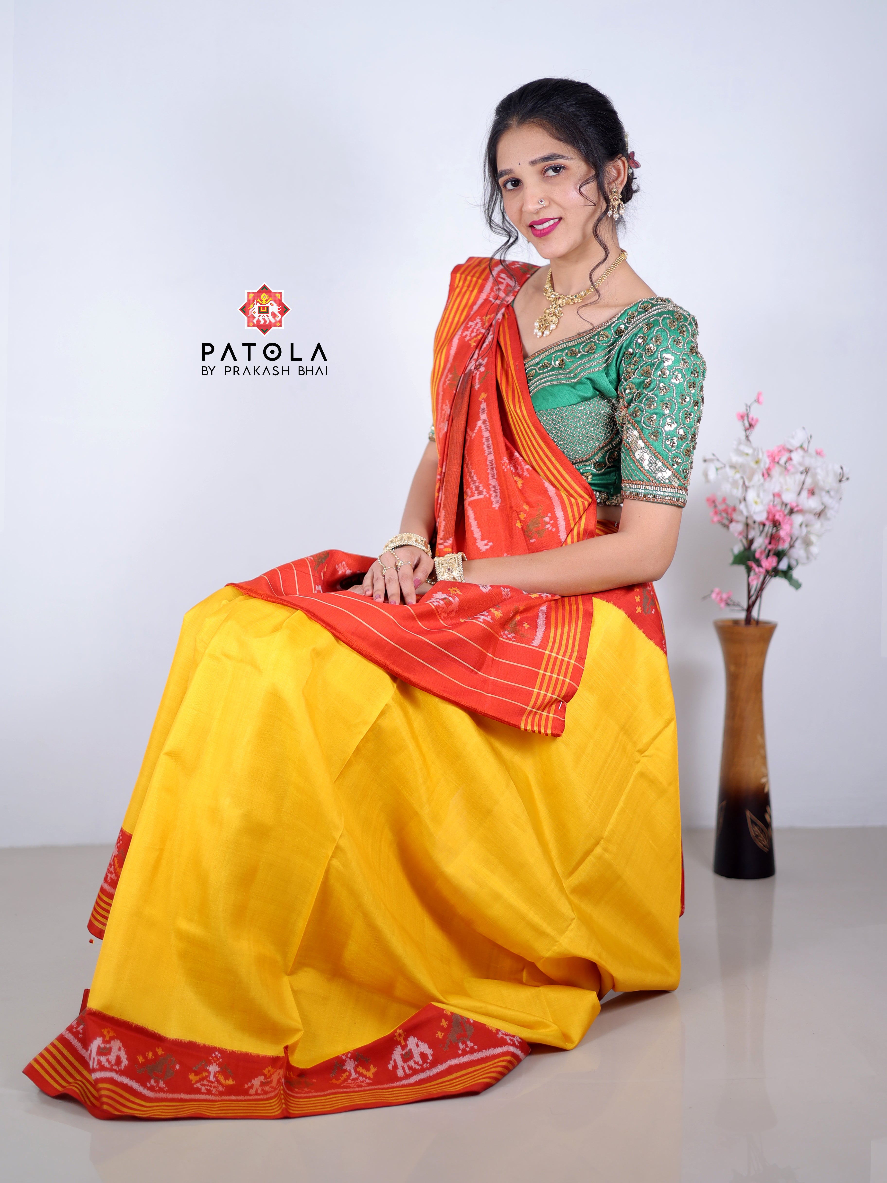 Plain Yellow Patola With Big Elephent Pallu Designer Semi Double Ikat Patola Saree